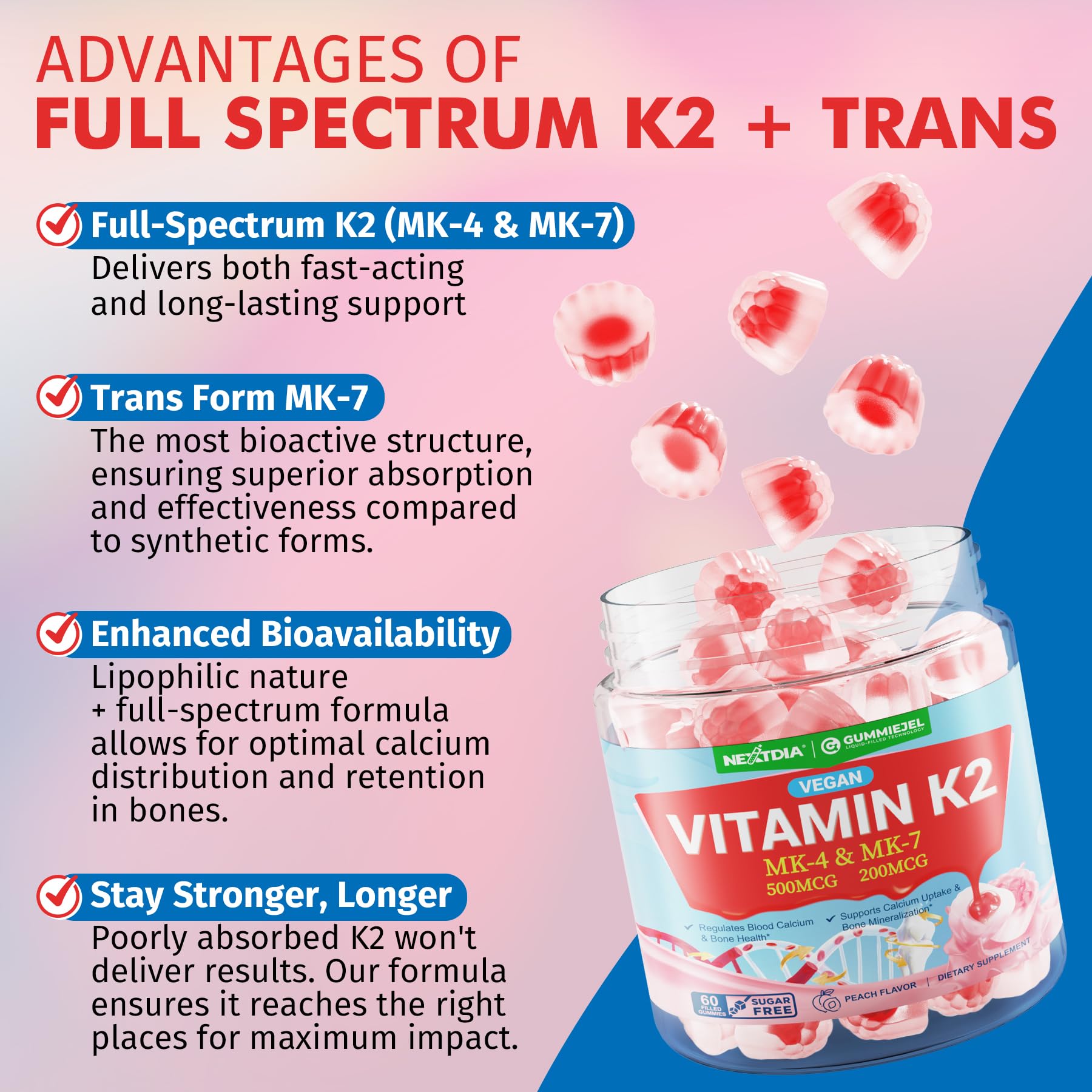 Vitamin K2 Gummies MK-7 200 mcg & MK-4 500 mcg for Women & Men Sugar Free, Perfect 2-IN-1 Full Spectrum Vitamin K2 Supplement for Bone, Heâ¤rt, Promotes Calcium Absorption, Brain, Teeth, Immune,1Pack