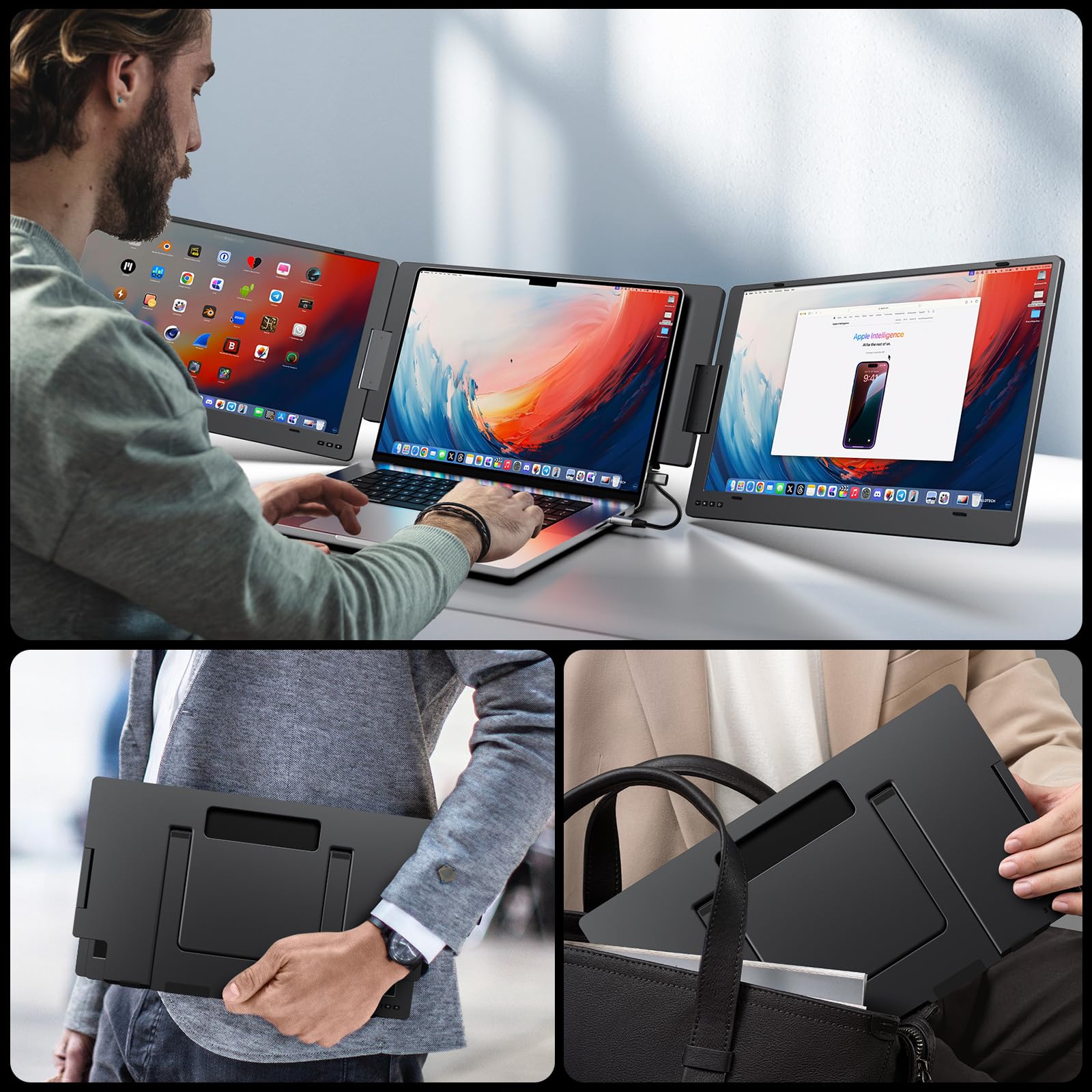 KYY 15.6" Laptop Screen Extender, 1080P FHD IPS Portable Monitor, One Cable USB-C Triple Monitor, Dual Travel Screen for 12"-17'' Laptops, 360° Rotation & Kickstand,X90D (Driver Need)