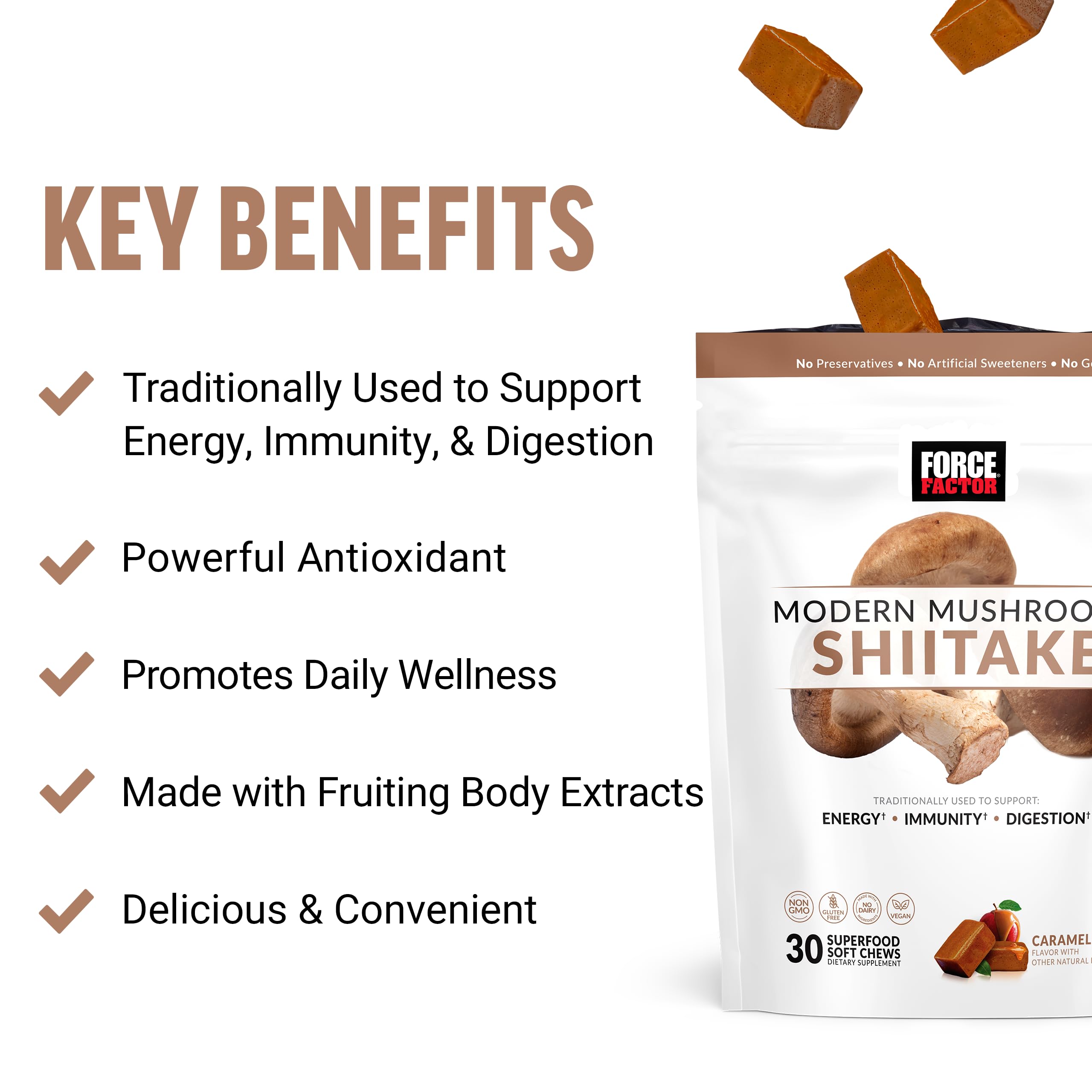 FORCE FACTOR Modern Mushrooms Soft Chews, Shiitake Mushrooms Supplement to Support Energy, Immunity, and Digestive Health, Antioxidants Supplement, Delicious Caramel Apple Flavor, 30 Soft Chews