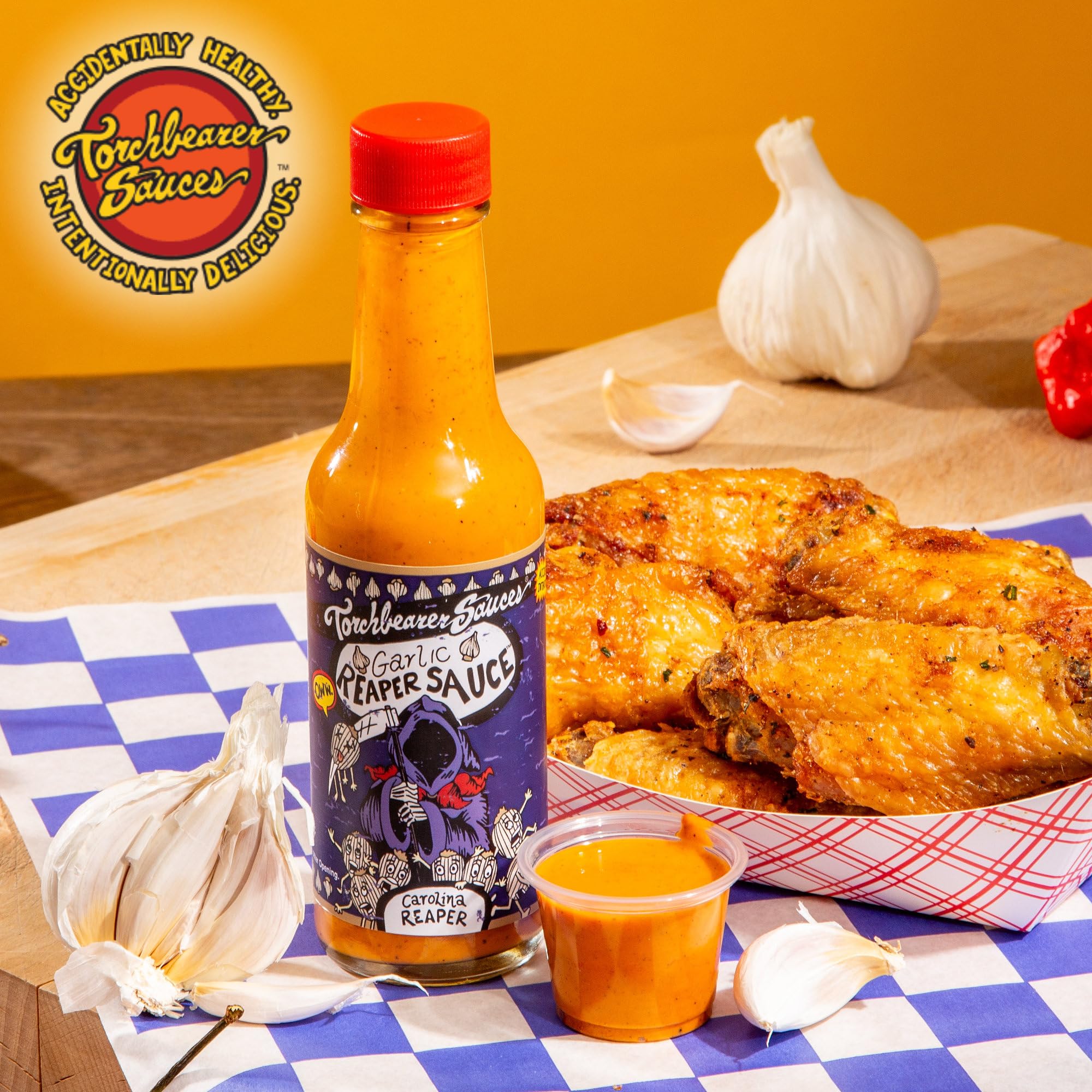 Torchbearer Sauces Garlic Reaper Sauce, 5oz Garlic & Carolina Reaper Hot Sauce, Heat Level 9 - Featured on Hot Ones - All Natural, Extract-Free, Made in USA