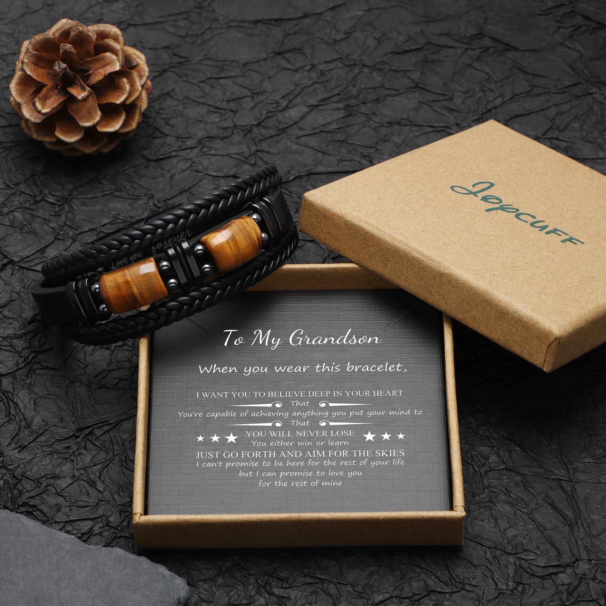 JoycuFF Grandson Birthday Gifts Leather Bracelets for Grandson Gift for Grandson from Grandpa Grandma To My Grandson Love You Forever Bracelet Anniversary Christmas Ideas Gift