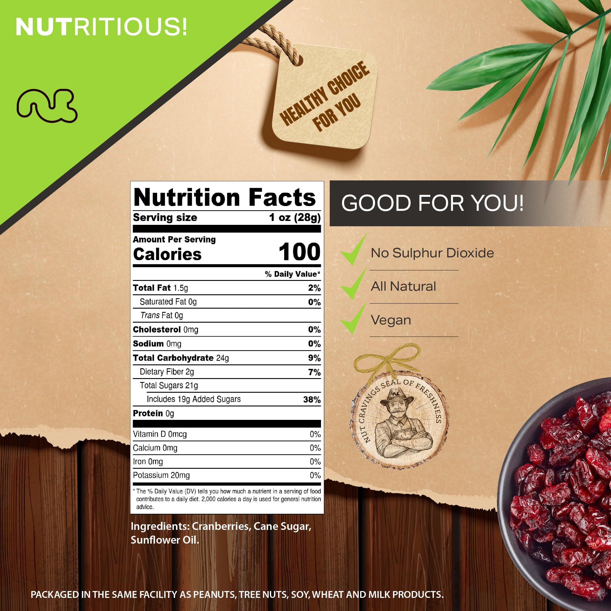 NUT CRAVINGS Dry Fruits - Sun Dried Whole Cranberries, Lightly Sweetened (32oz - 2 LB) Packed Fresh in Resealable Bag - Sweet Snack, Healthy Food, All Natural, Vegan, Kosher Certified