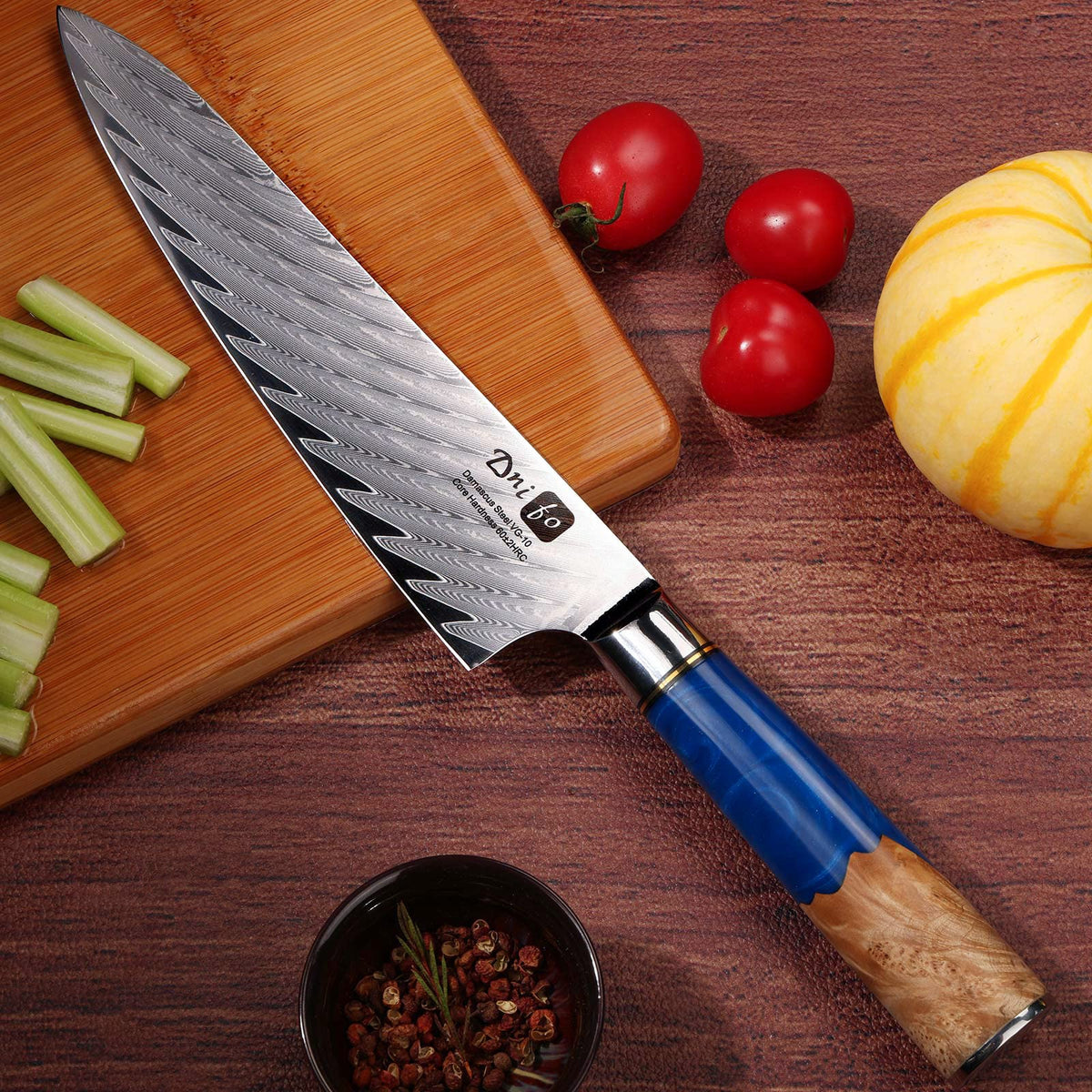 Cloverpeia Chef Knife 8 inch Professional Kitchen Knife, Damascus VG-10 67-Layer Stainless Steel Japanese Chef Knife, Damascus Chef Knife Ergonomic Blue Resin & Wood Handle Gift Box