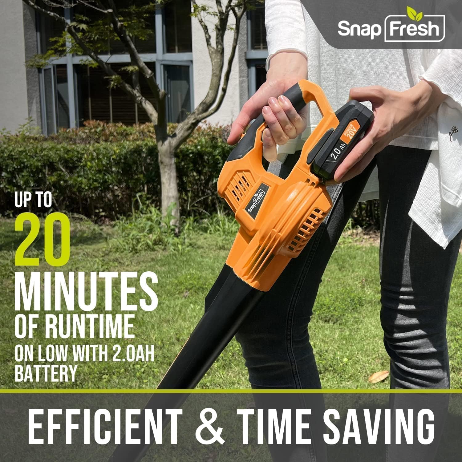 SnapFresh Cordless Leaf Blower - 20V Electric Leaf Blower with 2.0 Ah Battery and Charger - Lightweight 2-Speed Leaf Blower for Lawn Care and Yard/Garden/Patio Cleaning (Orange)