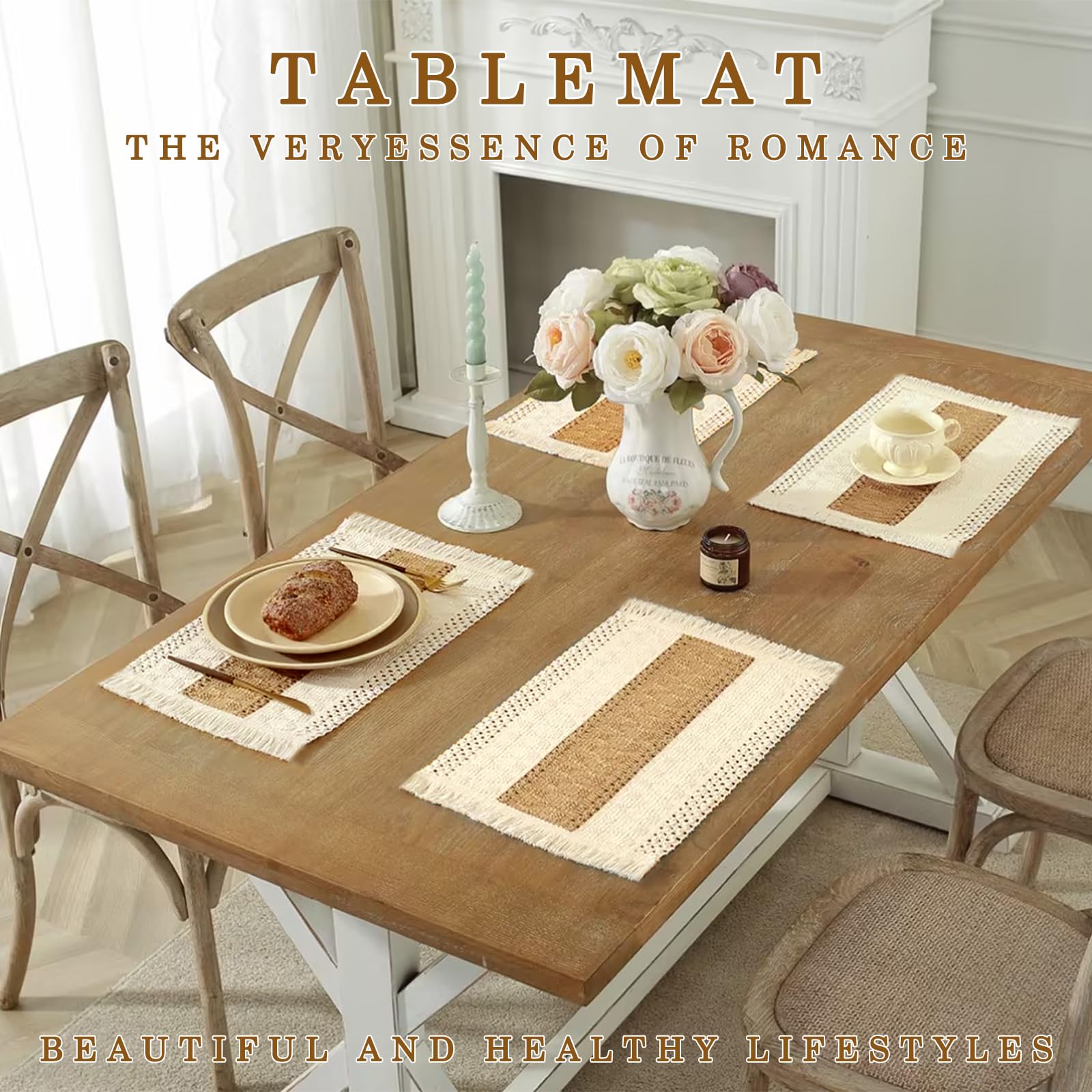 Maxsolve Boho Placemats and Cork Coasters Pack of 4,Natural Cotton Burlap Place Mats and Cork Coasters, Macrame Table Decor Dining Table Home Kitchen Décor for Party,Birthday,Anniversary and More