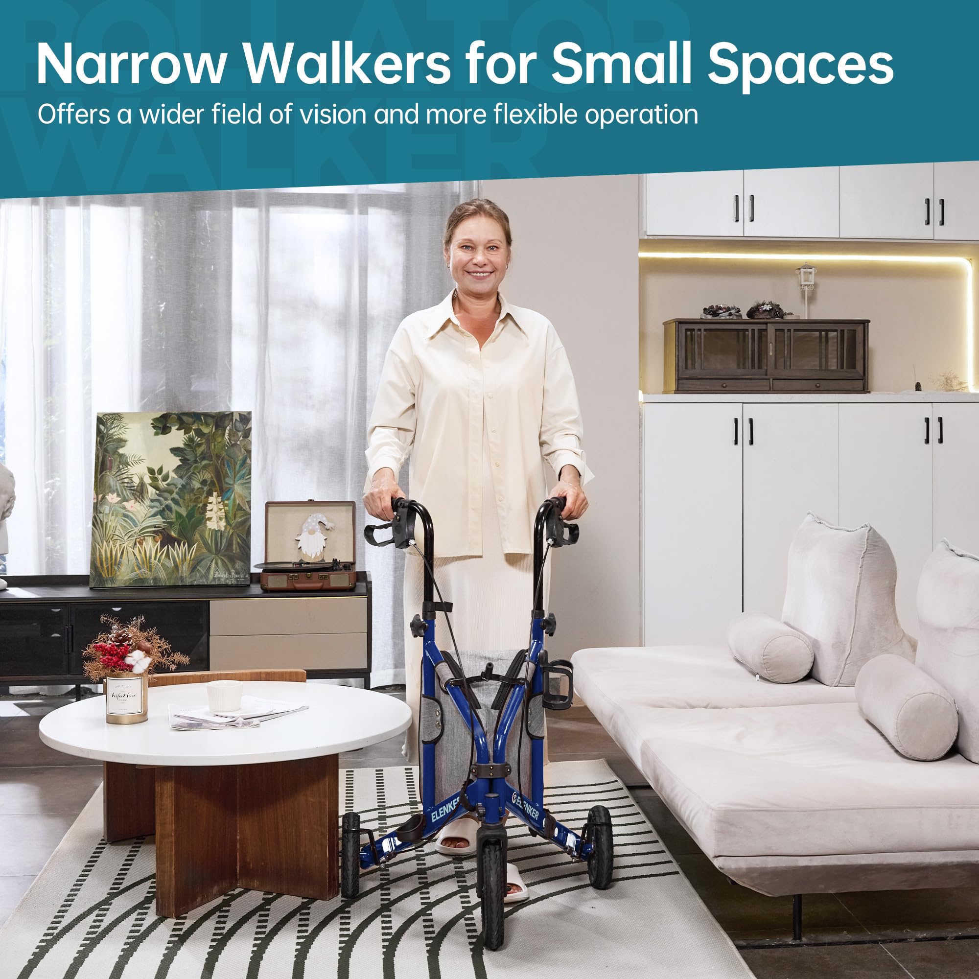 ELENKER All Terrain 3 Wheel Walkers for Seniors, 3 Wheeled Rollator with 10” Wheels, Narrow Walkers for Small Spaces, Compact Folding, Ideal for Traveling, Blue