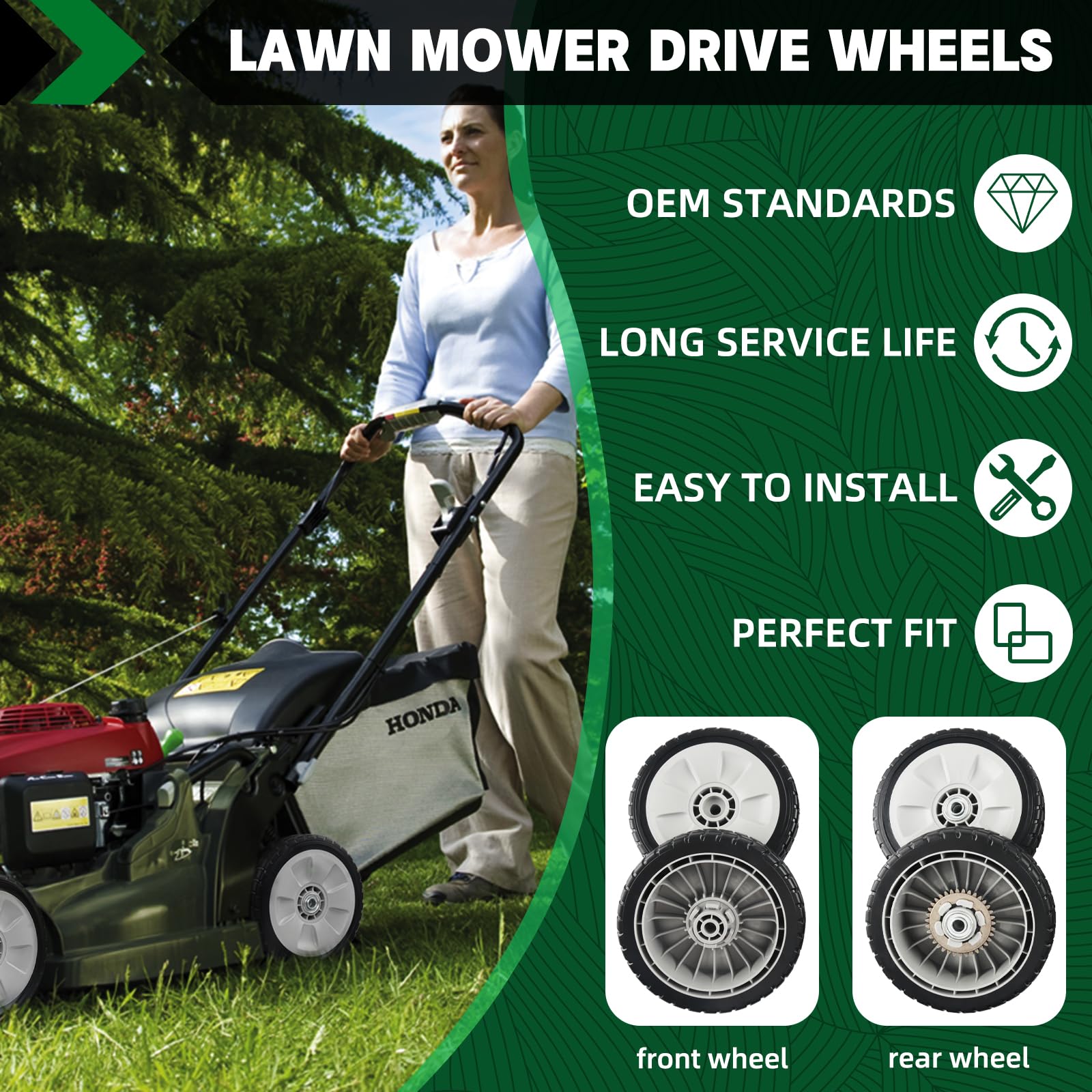 CheeMuii 4 Pack HRR216 Lawn Mower Drive Wheels 2 Rear Wheels 42710-VE2-M02ZE and 2 Front Wheels 44710-VL0-L02ZB Replace for Honda HRR216 HRS216 HRT216 Lawn Mower