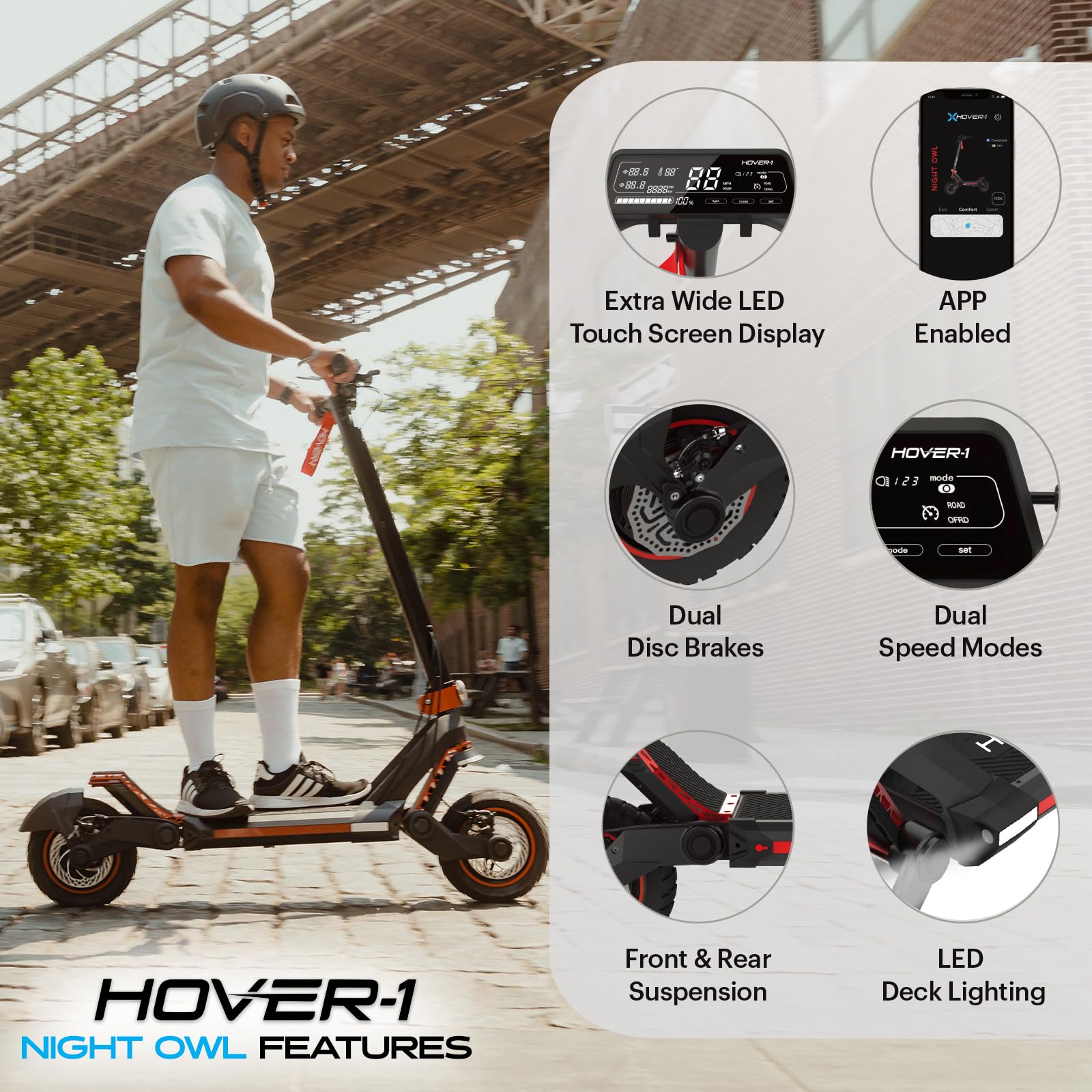 Hover-1 Night Owl Electric Folding Scooter, 31 MPH Top Speed, 37 Mile Range, 1200 Watts Max Power, 10.5” Offroad Tires, Dual Disc Brakes, Front & Rear Suspension Motorized Scooter for Adults & Teens