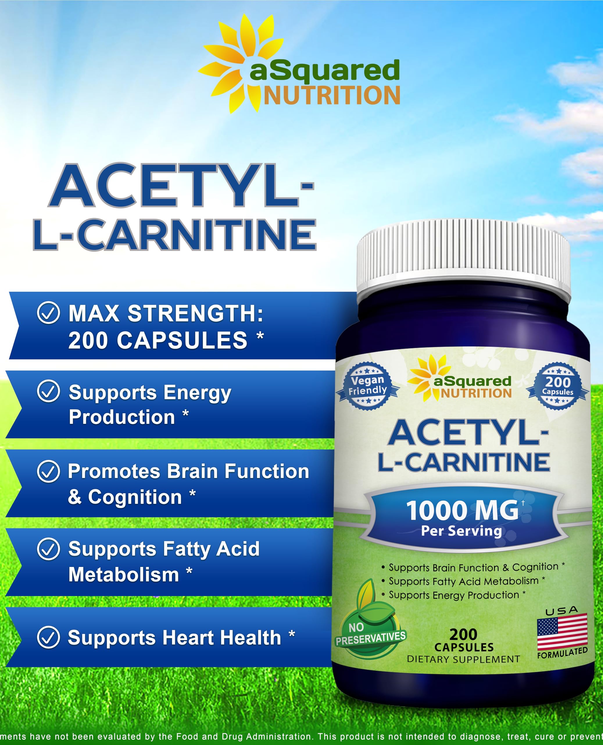 aSquared Nutrition Acetyl L-Carnitine 1000mg Max Strength - 200 Veggie Capsules - High Dosage Acetyl L Carnitine HCL (ALCAR) Supplement Pills to Support Pure Energy, Brain Function & Fatty Acid
