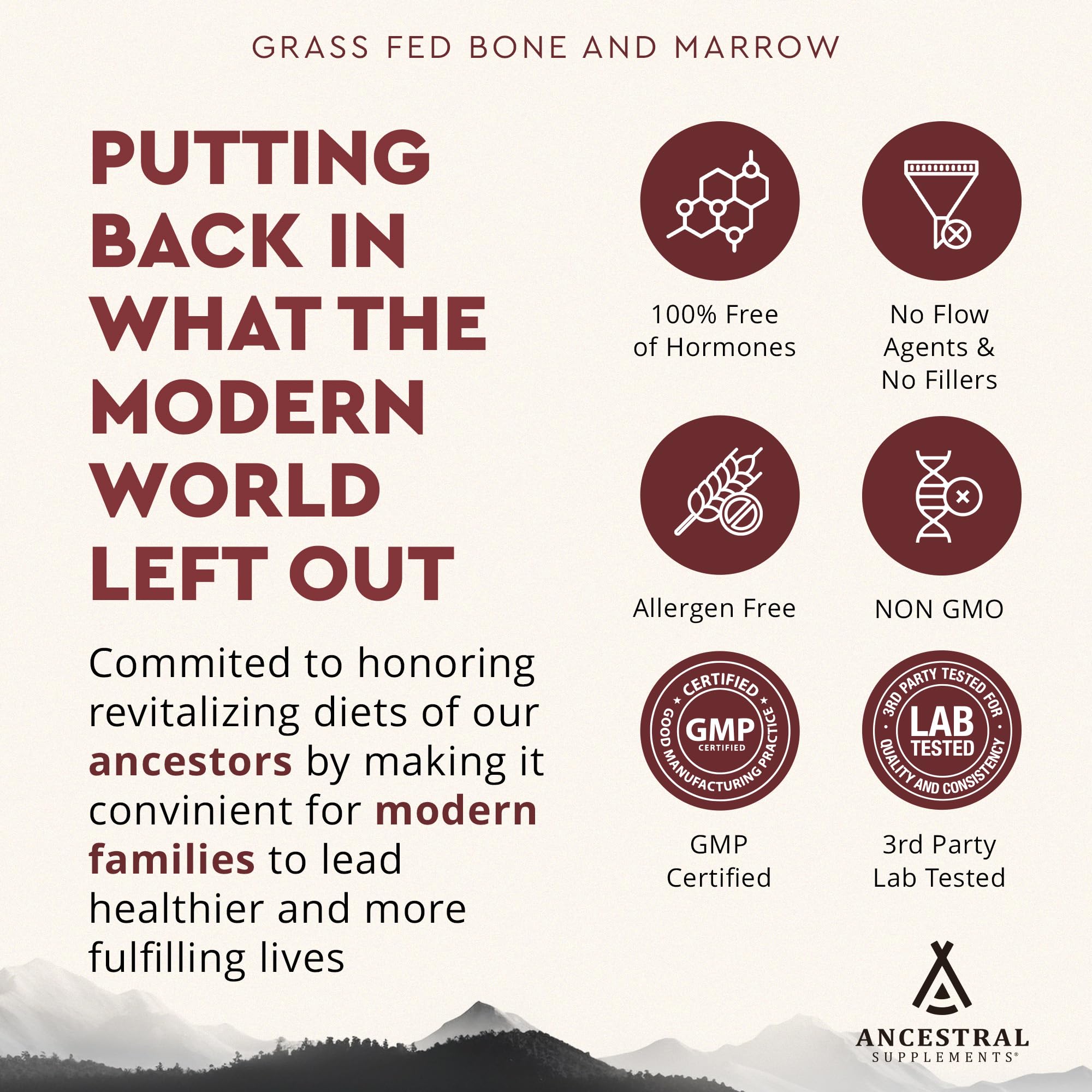 Ancestral Supplements Grass Fed Beef Bone and Marrow Supplement, 3000mg, Skin, Oral Health, and Joint Support Supplement, Promotes Whole-Body Wellness, Non GMO Whole Bone Extract, 180 Capsules