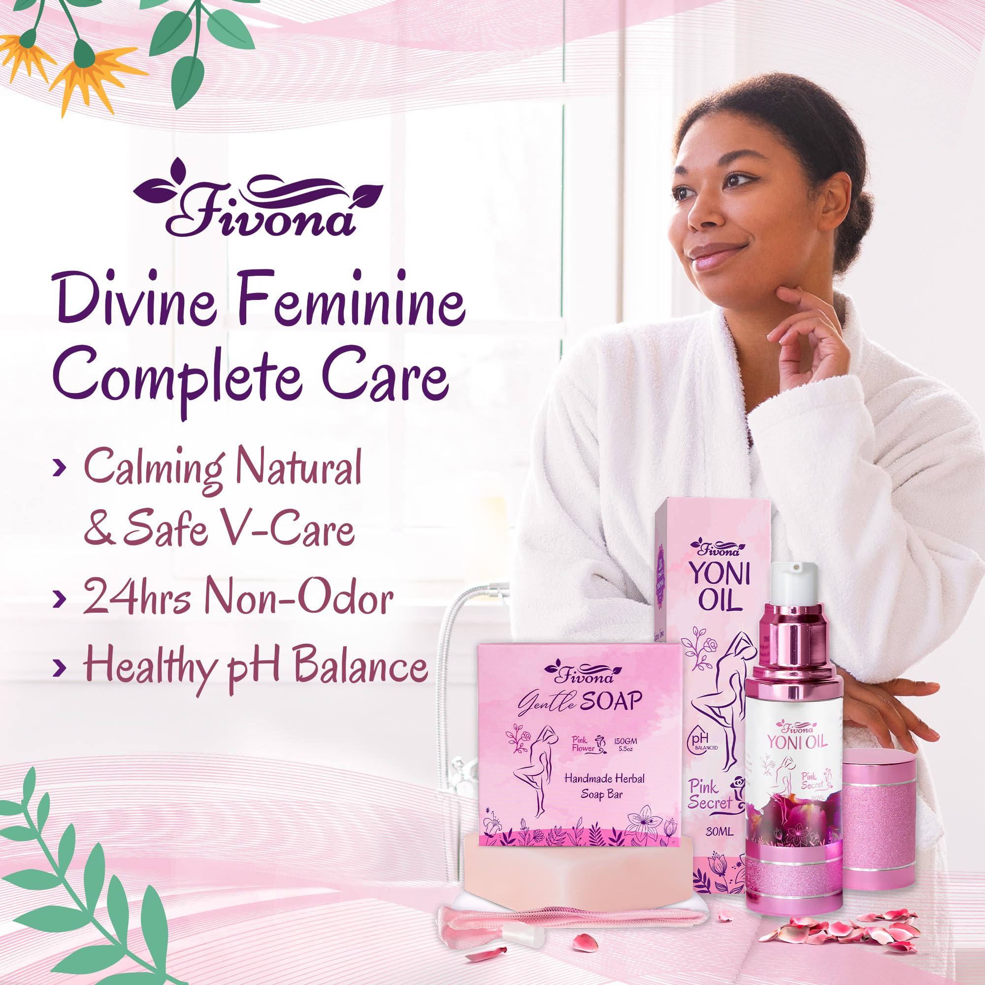 FIVONA 2 in 1 Set of Yoni Oil with Yoni Soap Bar - Feminine pH Balanced Natural Vaginal Oil 30 ml with Organic Herbal Soap 5.3 oz - Wash and Hygiene Care Bundle for Women