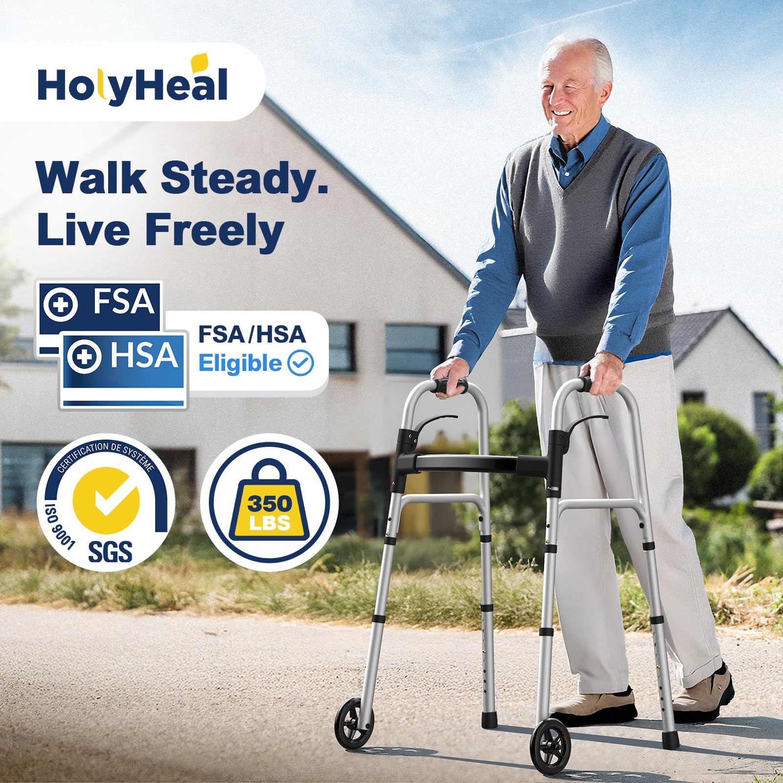 HolyHeal Folding Walkers for Seniors with 2 Skis and 5" Wheels, Lightweight Adult Rolling Walker, Supports Up to 350 Pounds, Adjustable Height, Aluminum Standard Walker, Silver