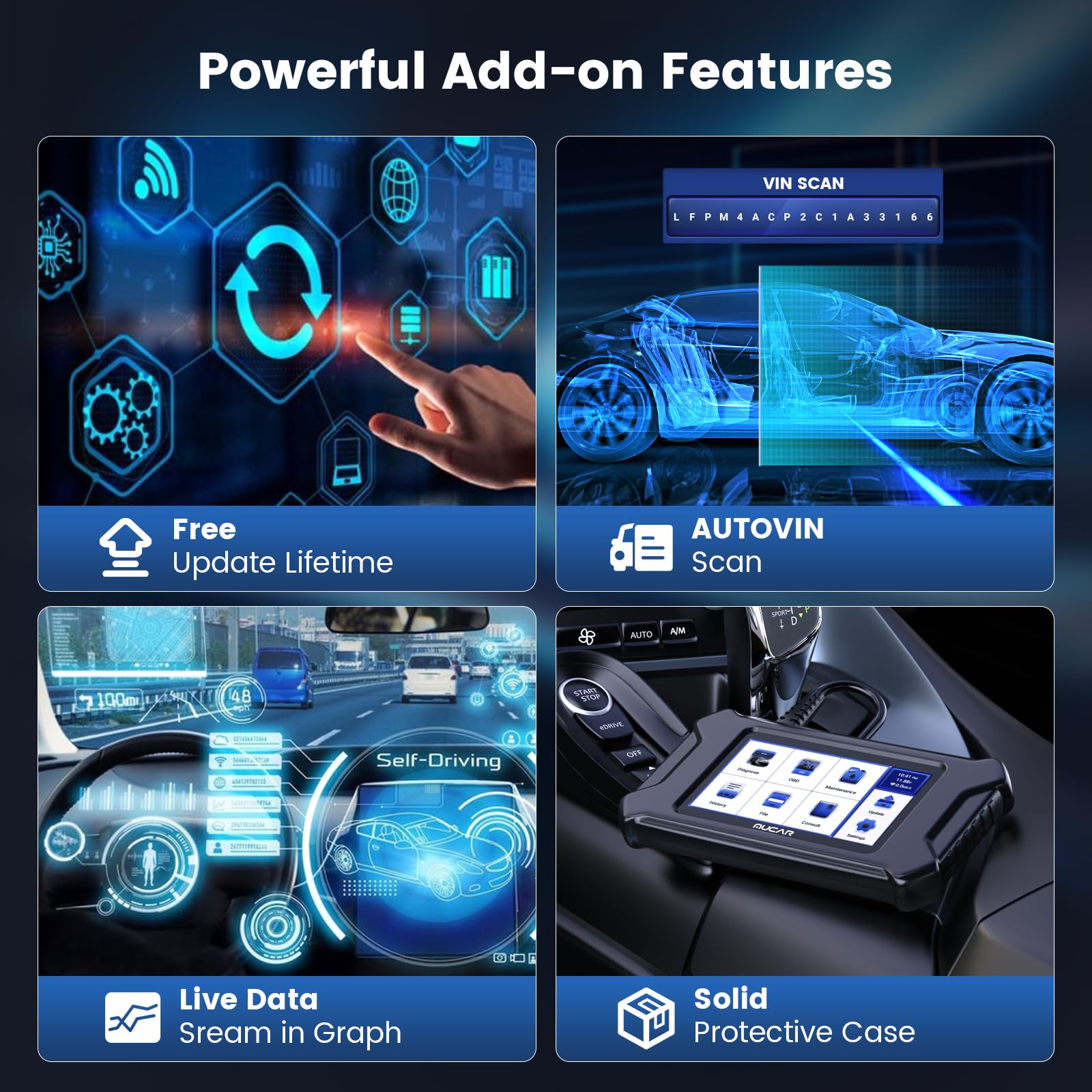 MUCAR OBD2 Scanner, Car Scanner Diagnostic Tool with 4 Systems (ABS SRS ECM TCM) and 5 Reset Services (Oil EPB SAS TPMS ETS), 5" HD Touchscreen and Update Free Lifetime