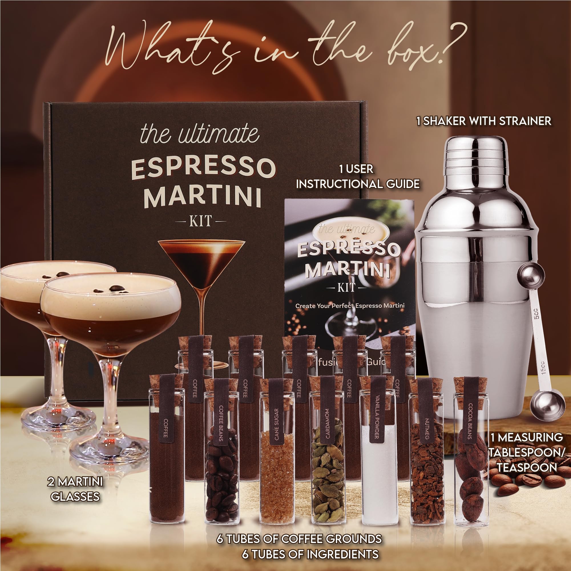 Espresso Martini Gifts– Premium Cocktail Kit - Espresso Martini Kit Maker Set with Glasses, Party-Ready Accessories, and Elegant Decorations for Birthdays and Events, Birthday Gifts for Women