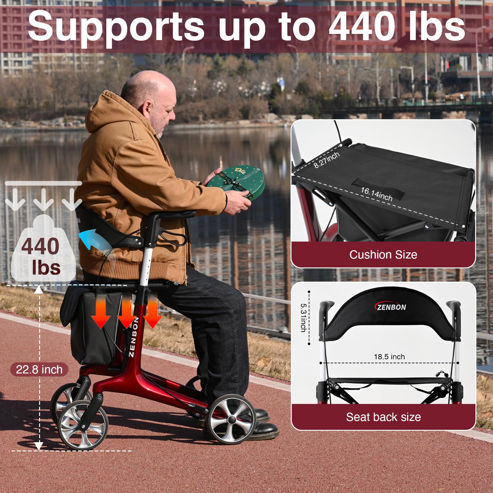 Rollator Walker for Seniors/Adults Foldable Rolling Walker with Seat 440 lbs Capacity 4 Big 7.9 inch Wheels Hand Grips Adjustable Height Lightweight Carbon Fiber Walker Removable Back Support