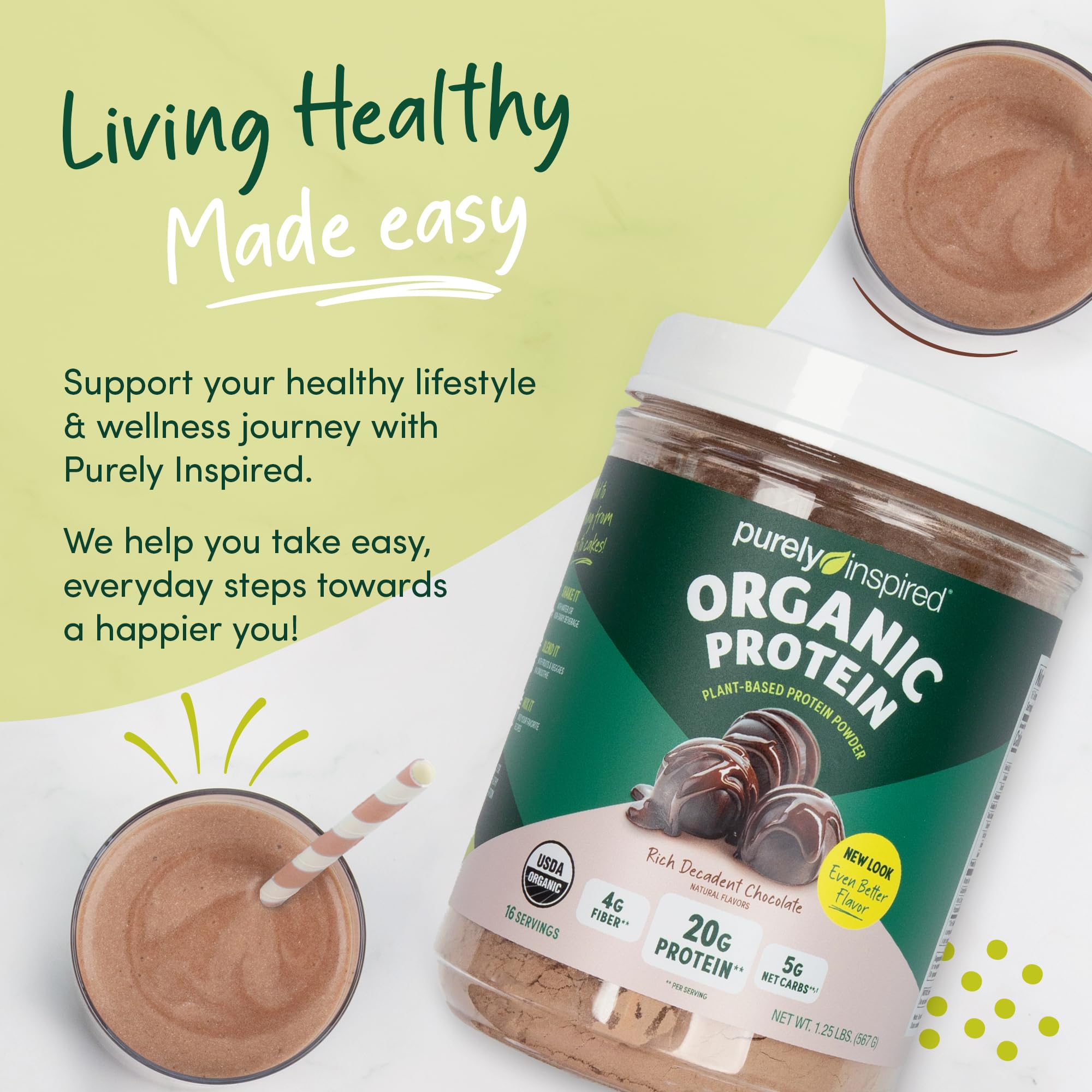 Purely Inspired Plant-Based Protein Powder for Men & Women, Rich Decadent Chocolate (16 Servings) - Vegan & Organic - 20g of Pea Protein Powder for Smoothies & Shakes - Dairy-Free, & Gluten-Free