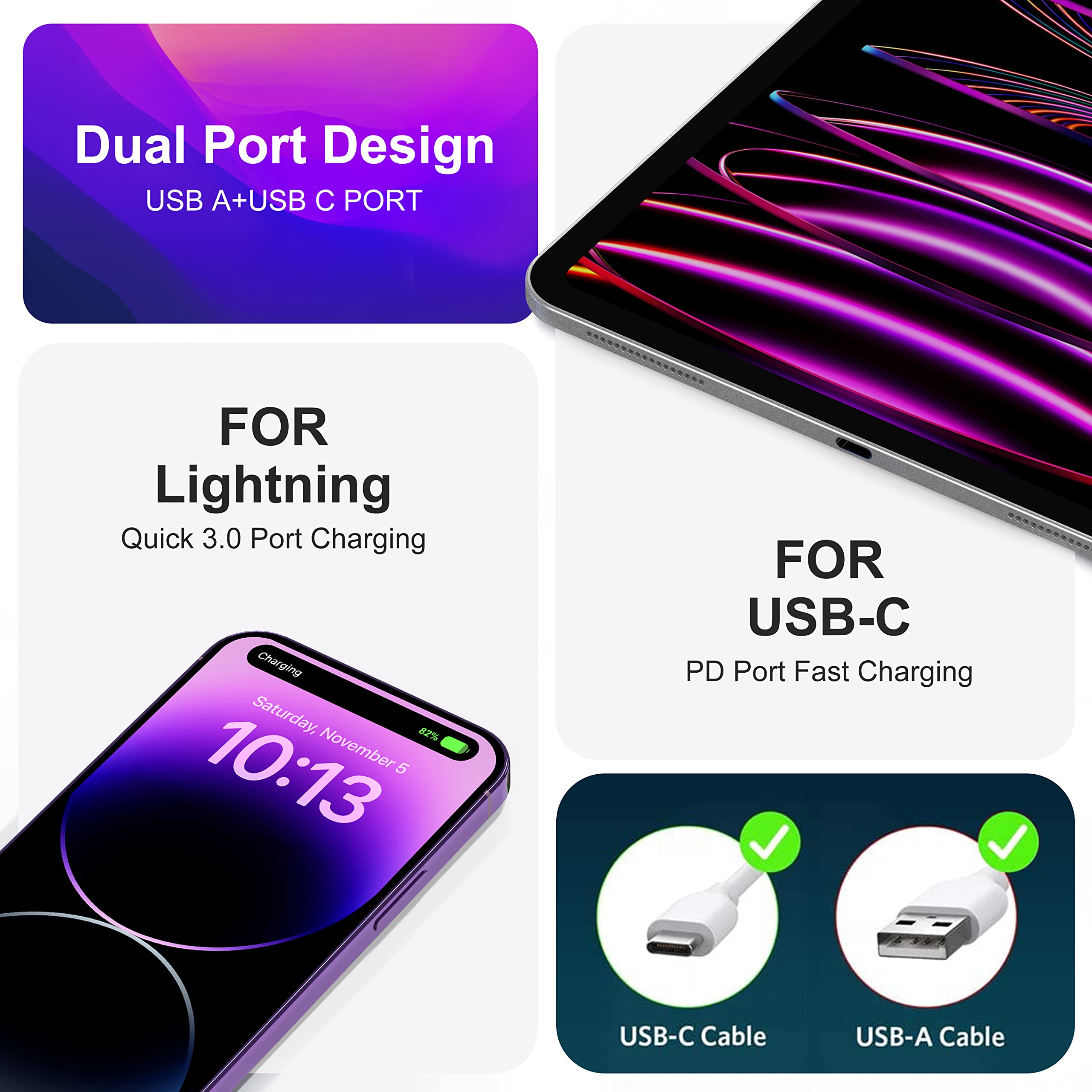3 Pack USB C Wall Charger, 20W Durable Dual Port QC+PD 3.0 Power Adapter, Double Fast Plug Charging Block for iPhone 13/14/15/16/16 Pro/Pro Max/Plus, XS/XR/X, Watch Series 8/7 Cube,White