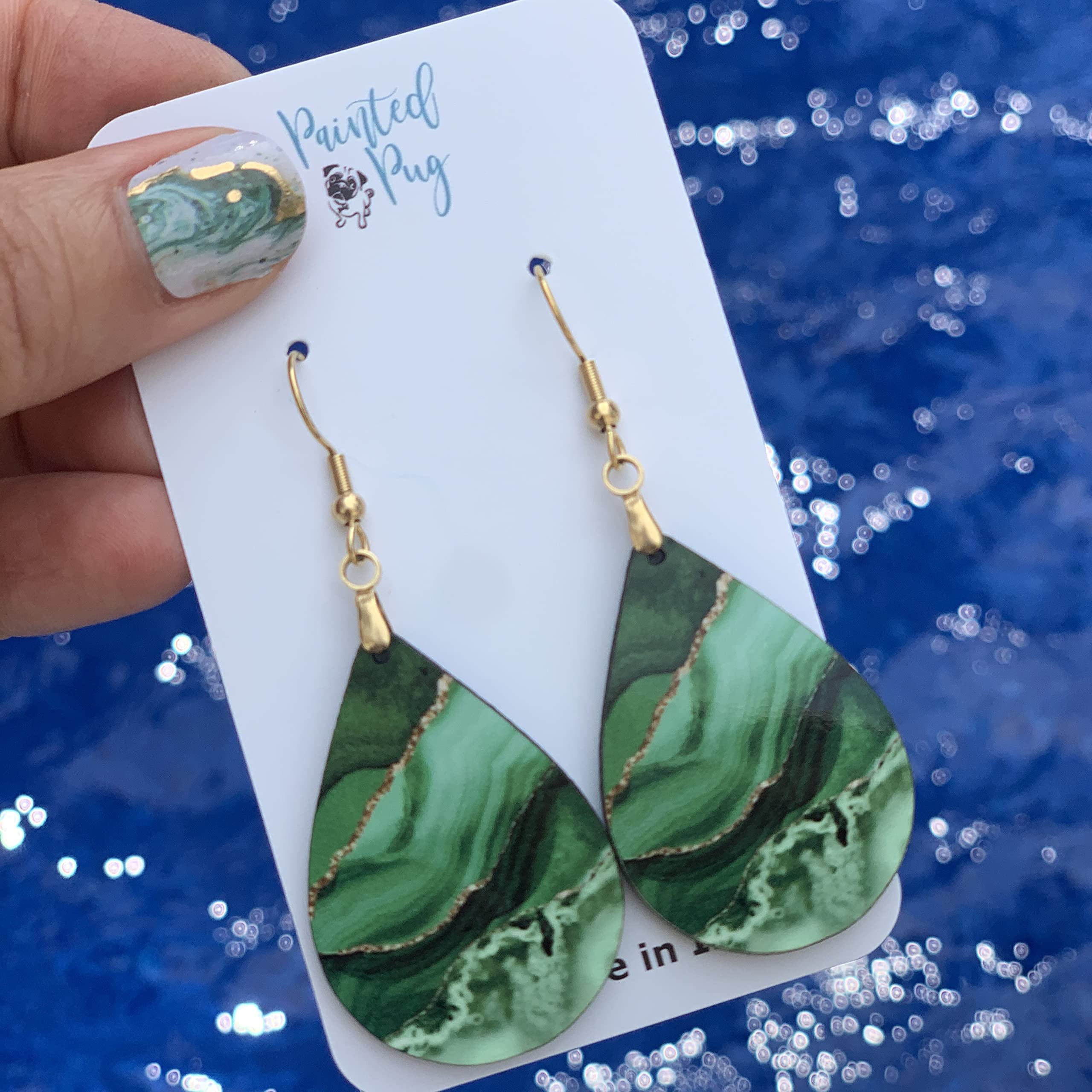 Green Earrings for Women with Gold Strands Teardrop Dangle Spring Dangling Wood Statement Jewelry MDF Kelly Lime Handmade by The Painted Pug (Large Single Pair)