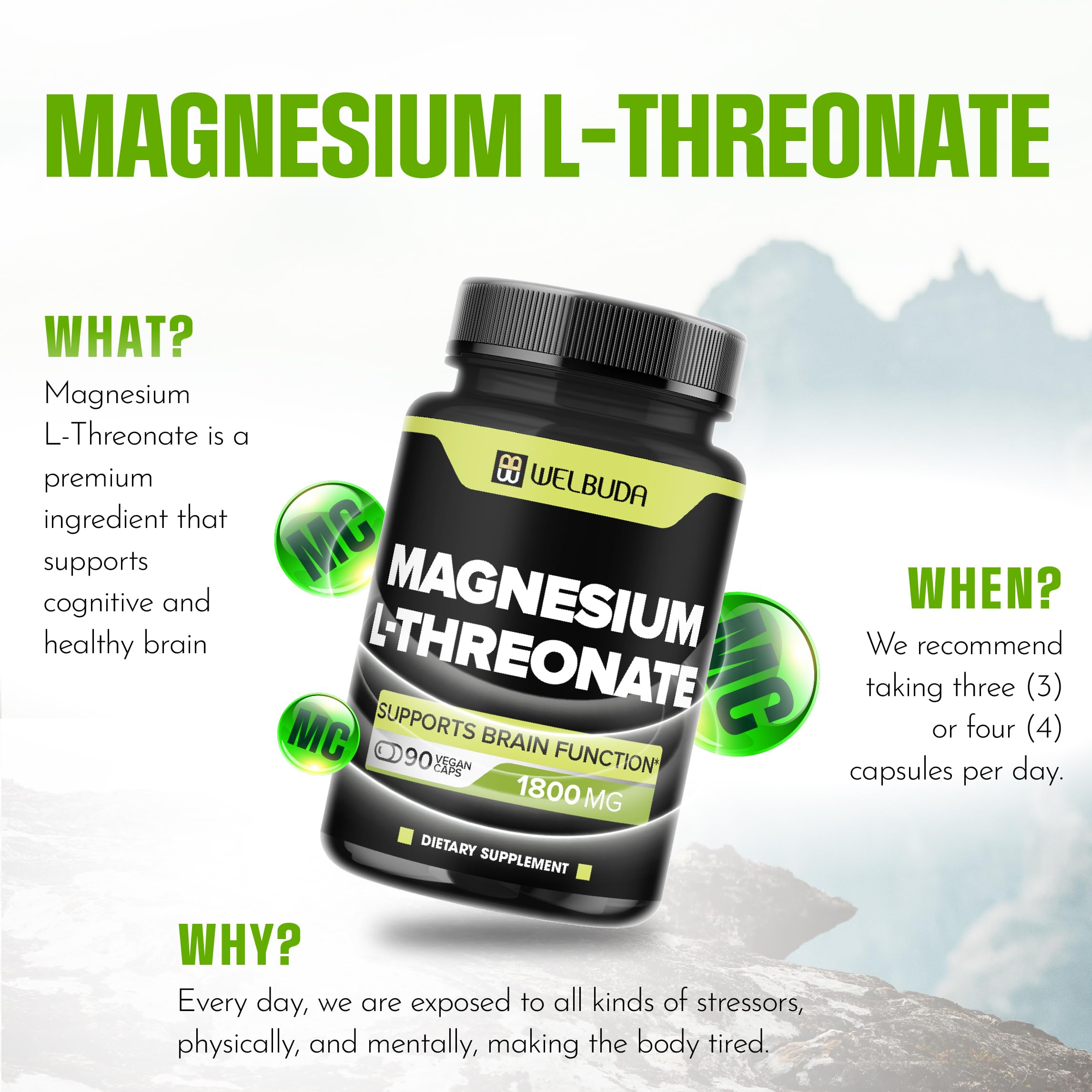 Magnesium L-Threonate Capsules with 12% Purified - 1800Mg - 90 Capsules - Providing 216mg Elemental Magnesium L-Threonate