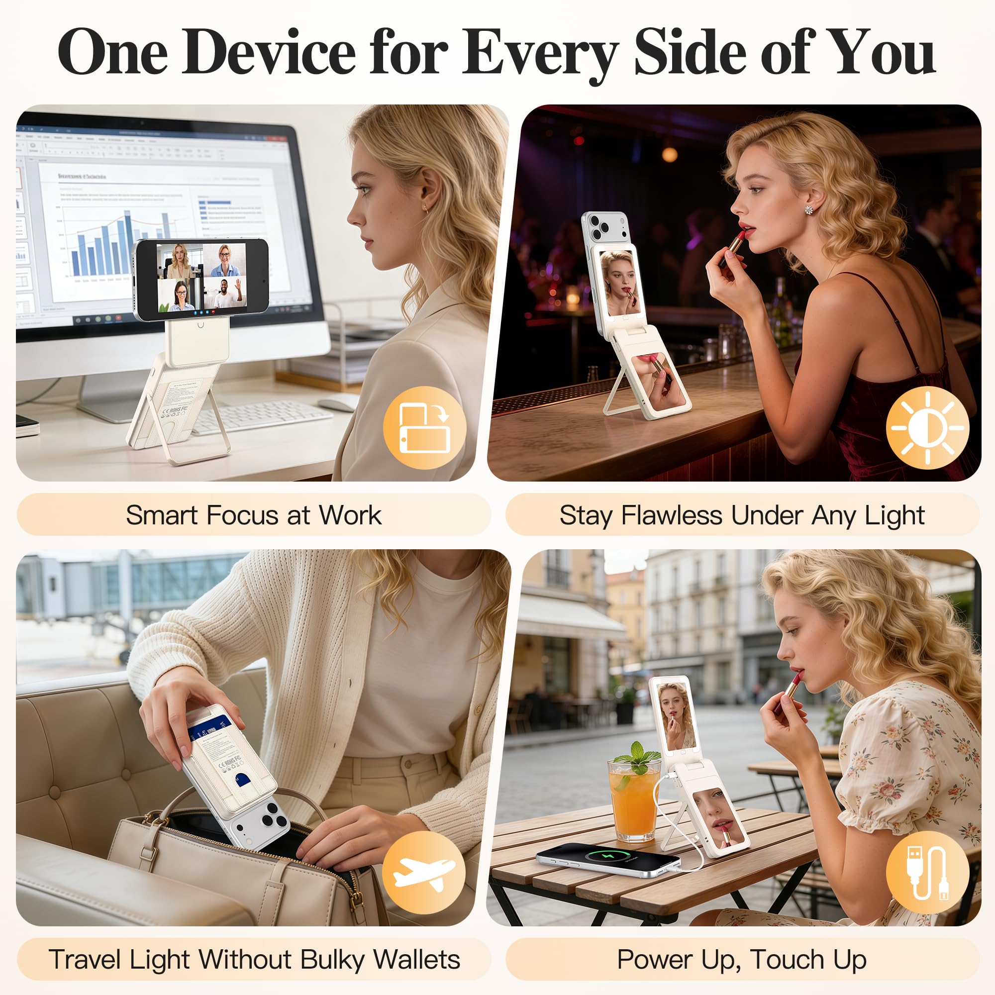 5-in-1 Magnetic Wireless Power Bank, 5000mAh Portable Charger with LED Mirror, Phone Stand, Card Holder & Bluetooth Remote, 20W Fast Charging for iPhone & Android, Travel Essential for Women, Khaki