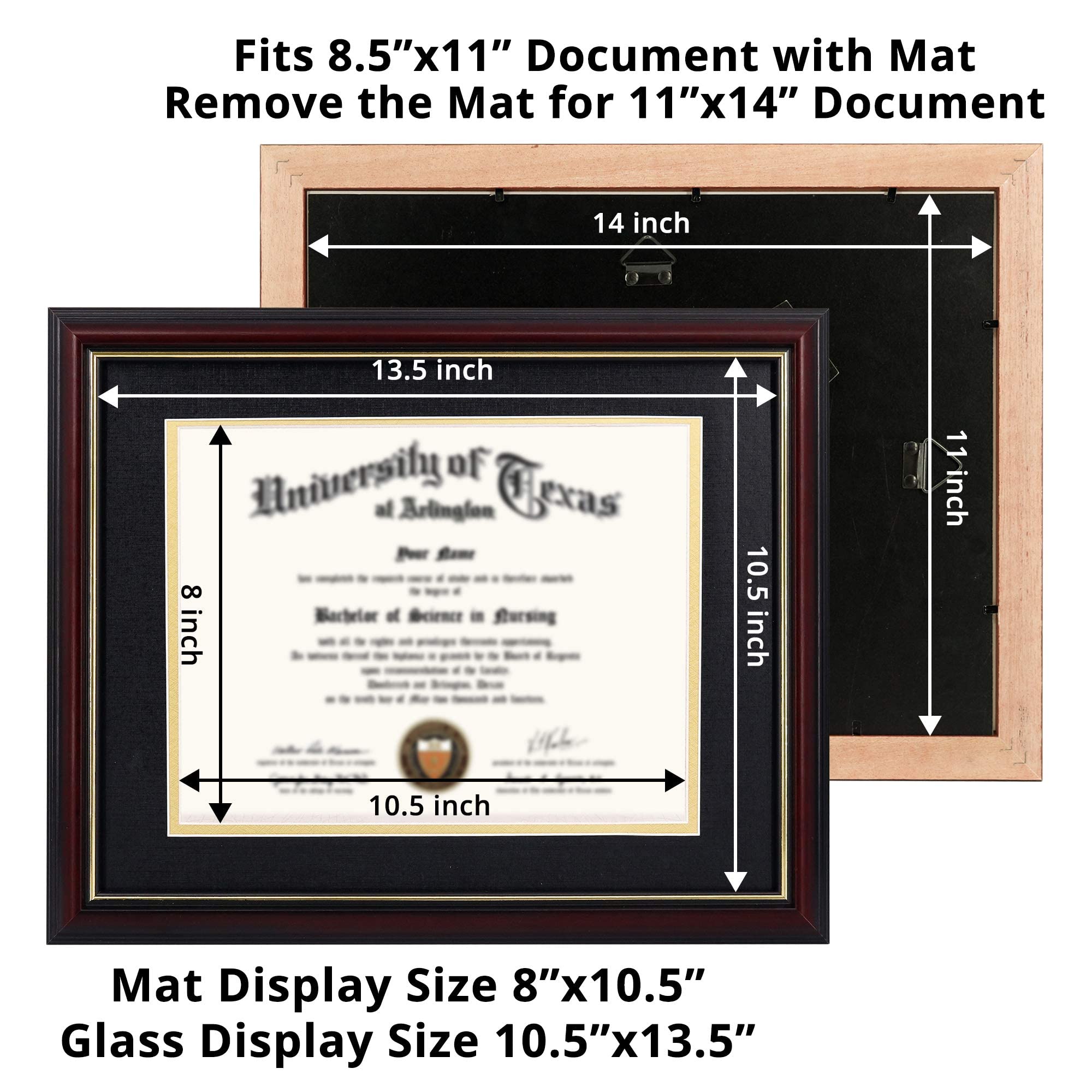 GraduationMall 8.5x11 Diploma Frame with Black over Gold Mat or Display 11x14 Certificate without Mat,Solid Wood & UV Protection Acrylic,Cherry Finish with Gold Trim