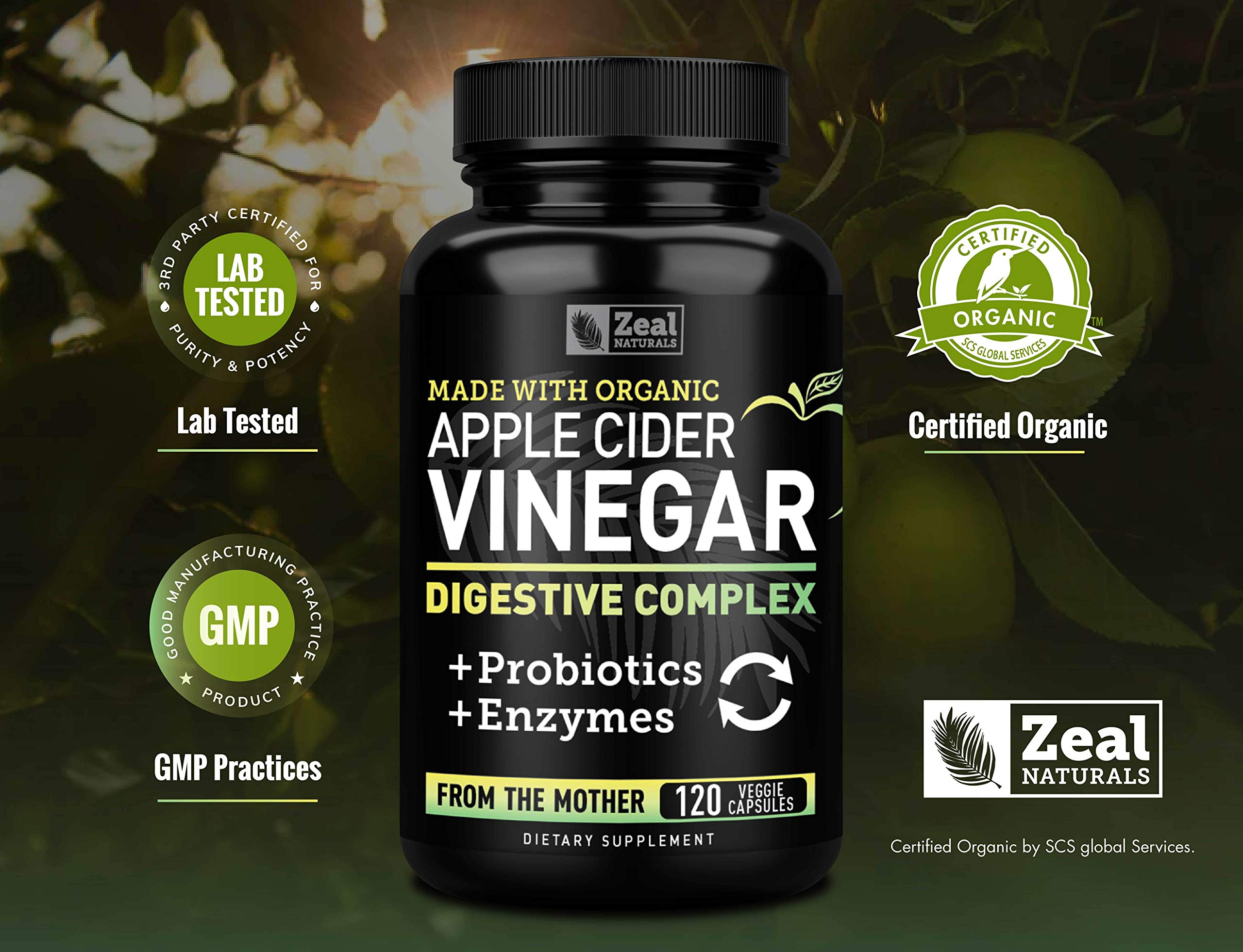 Organic Apple Cider Vinegar Capsules + Digestive Enzymes & Probiotics (1500mg | 120 Capsules) Raw Apple Cider Vinegar Pills & Fiber Supplement for Gut Health, Immune Support, Digestion & Detox Cleanse