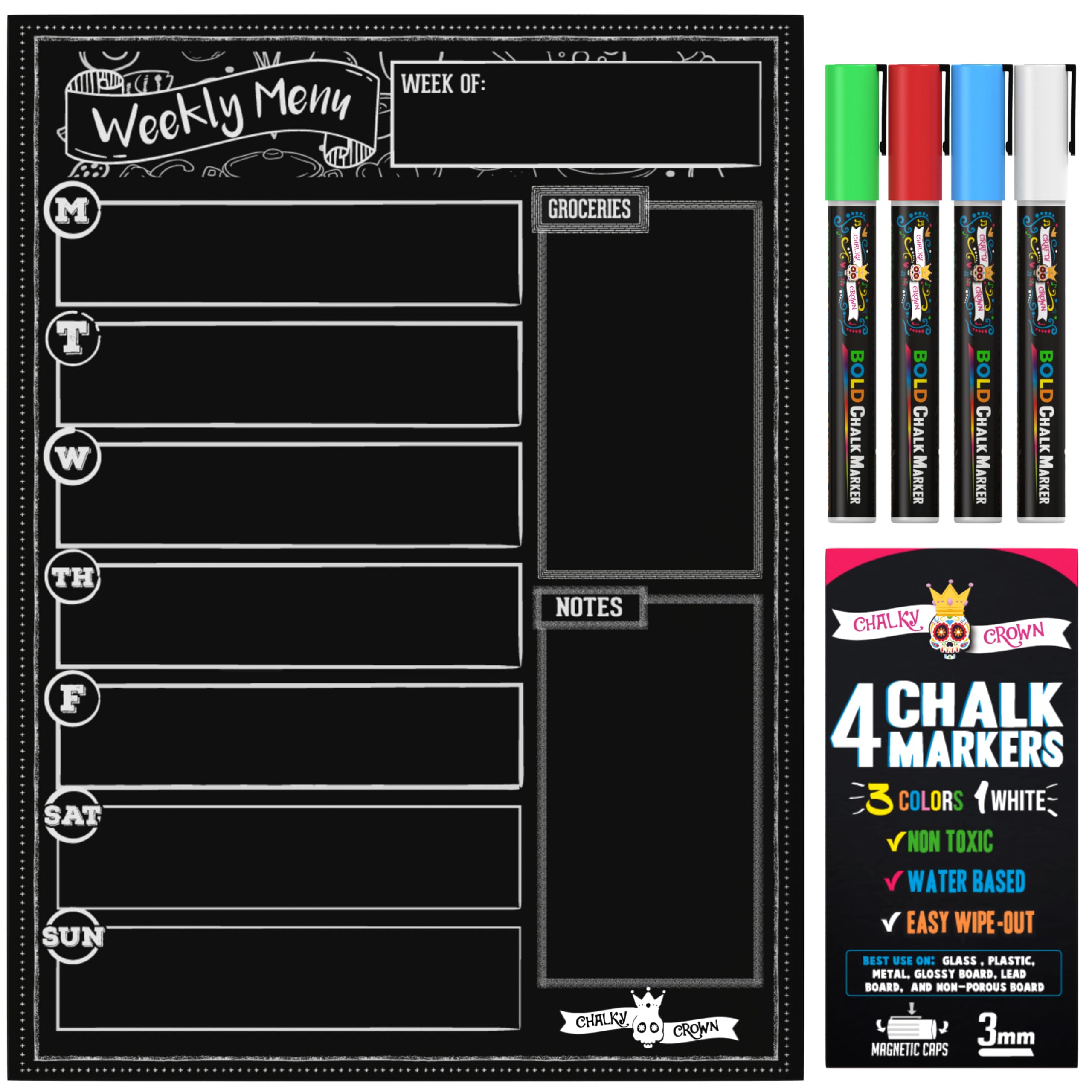 CHALKY CROWN Magnetic Dry Erase Menu Board for Fridge Includes 4 Liquid Chalk Markers - Weekly Meal Planner Blackboard, Grocery List & Notepad for Kitchen Refrigerator - Chalkboard Magnet 15.6" x11.6