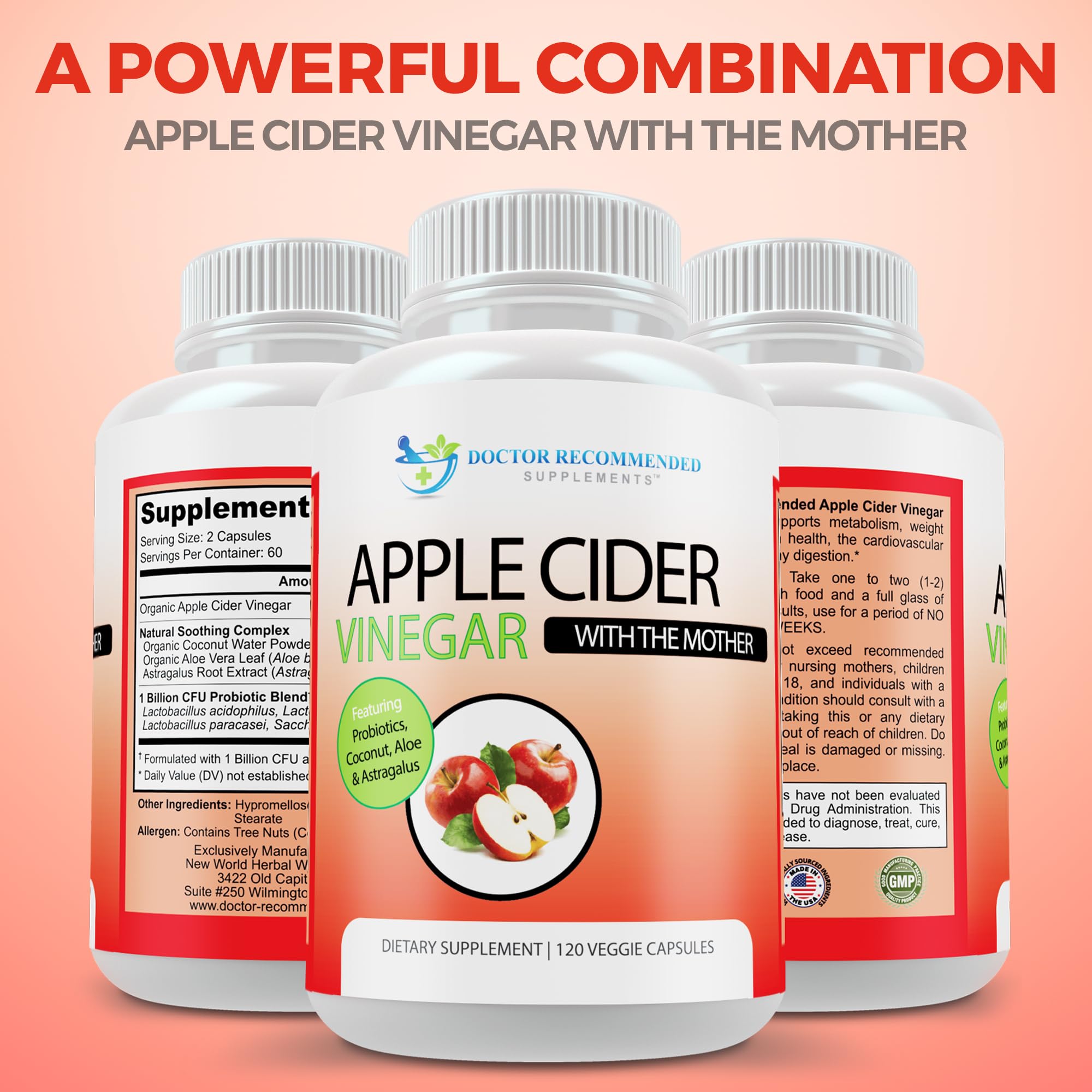 Apple Cider Vinegar Capsules - 100% Organic Apple Cider Vinegar Pills 1500 mg - Natural Digestion, Immune Booster Support & Cleansing Supplement with Probiotics - Made in The USA