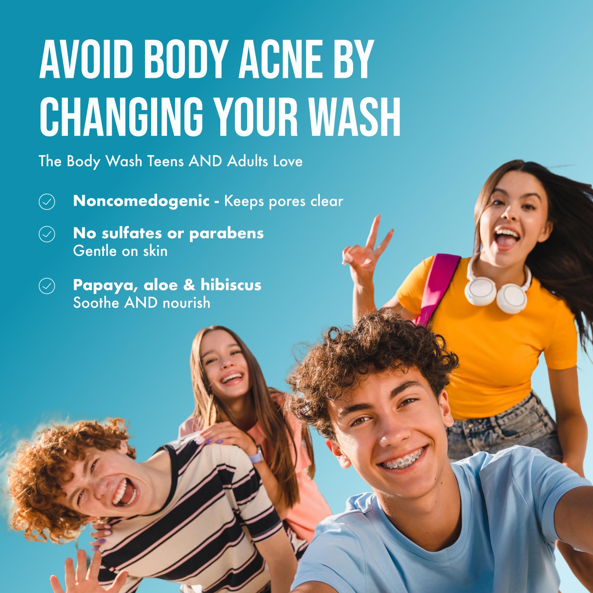Teenology Body Wash for Teens - Avoid Body Acne and Breakouts - Sulfate and Paraben Free, Natural Botanical Extracts (Tropical Orange)