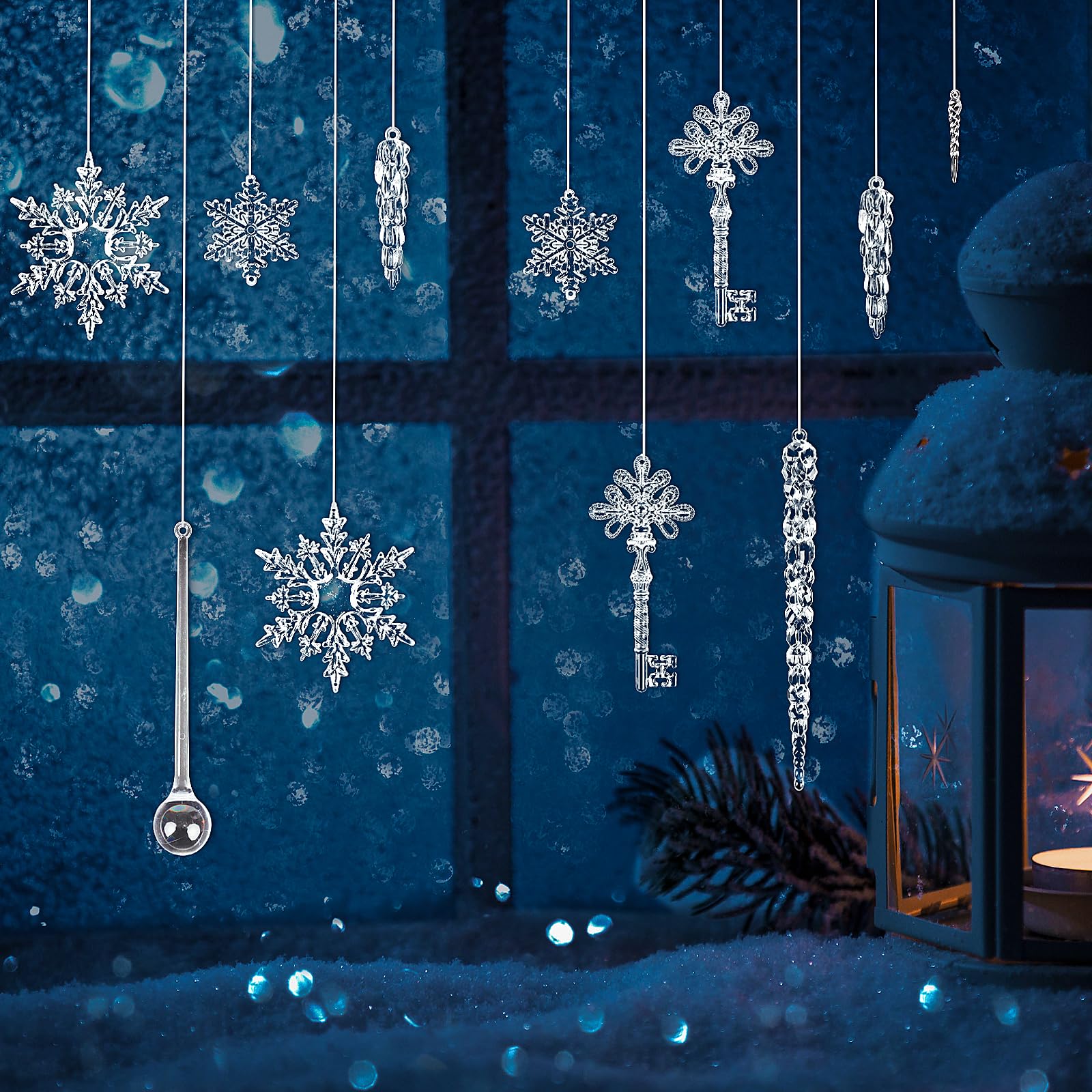 20 Pcs Acrylic Icicles Clear Snowflake Hanging Icicles Simulated Ice Stick Christmas Icicle Ornaments Set for Christmas Tree Pendant Christmas Decorations