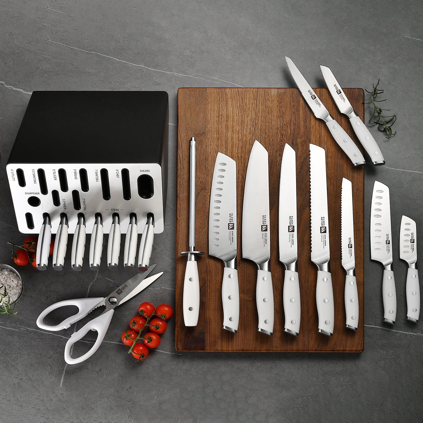 Klaus Meyer 19-Piece Knife Block Set, High Carbon German Stainless Steel (Stahl), Full-Tang Handles with Sharpener, White