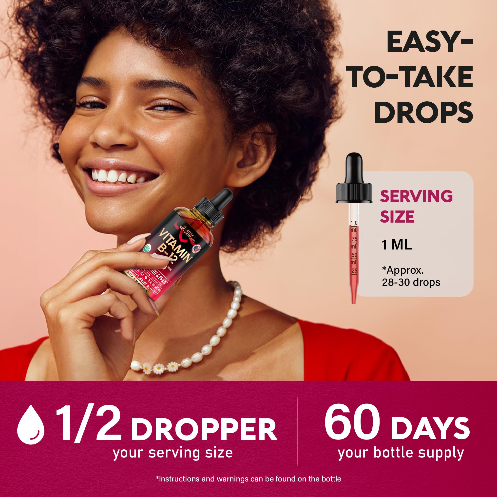 USDA Organic Vitamin B12 Sublingual Drops - 5000 mcg Liquid Vegan Methylcobalamin for Women & Men - Energy Boost, Focus & Mood, Brain Health Support - Maximize Absorption - 2 Month Supply, 2 fl oz