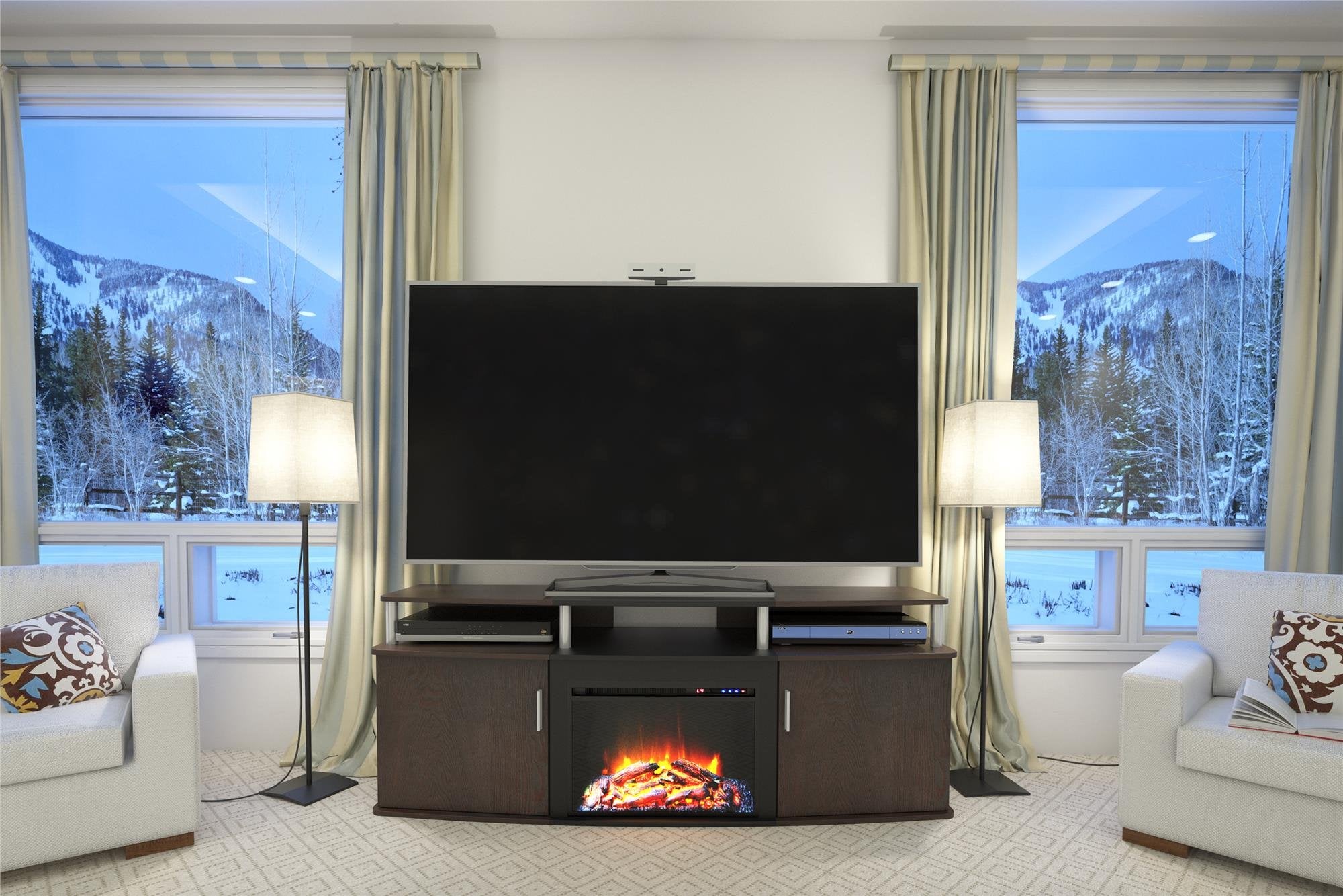 Ameriwood Home Carson Fireplace TV Stand for TVs up to 70 Inch, Replaceable Electric Fireplace Insert Heater, Realistic Log and Flame Effect, for Living Room or Bedroom, Cherry