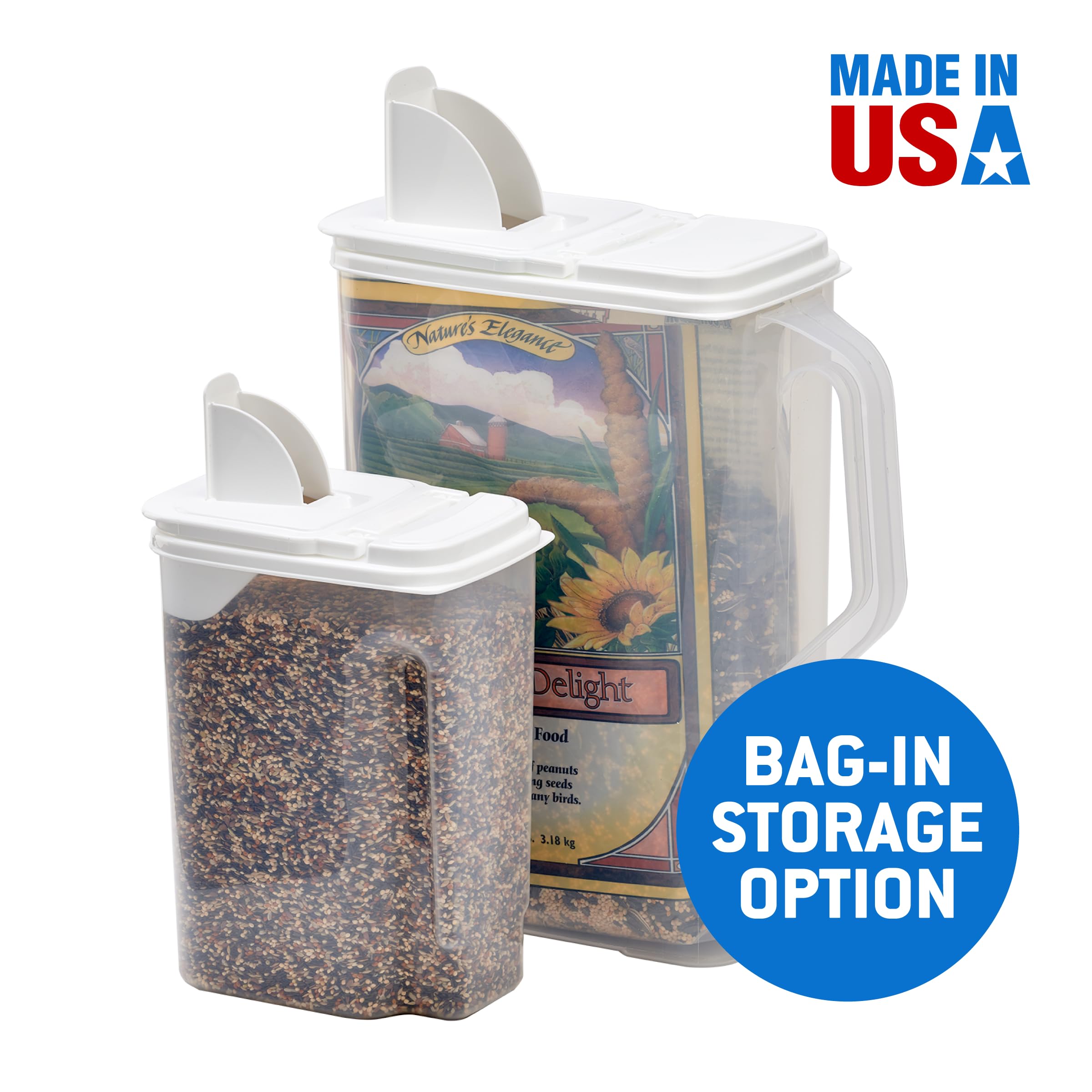 Buddeez Pet Food Storage Containers - 2 Count Bird Seed Dispenser with Pour Tight Lids and Easy Pour Spouts, 8 Qt and 3.5 Qt, Bird Seed Storage for Small and Large Feed, BPA Free