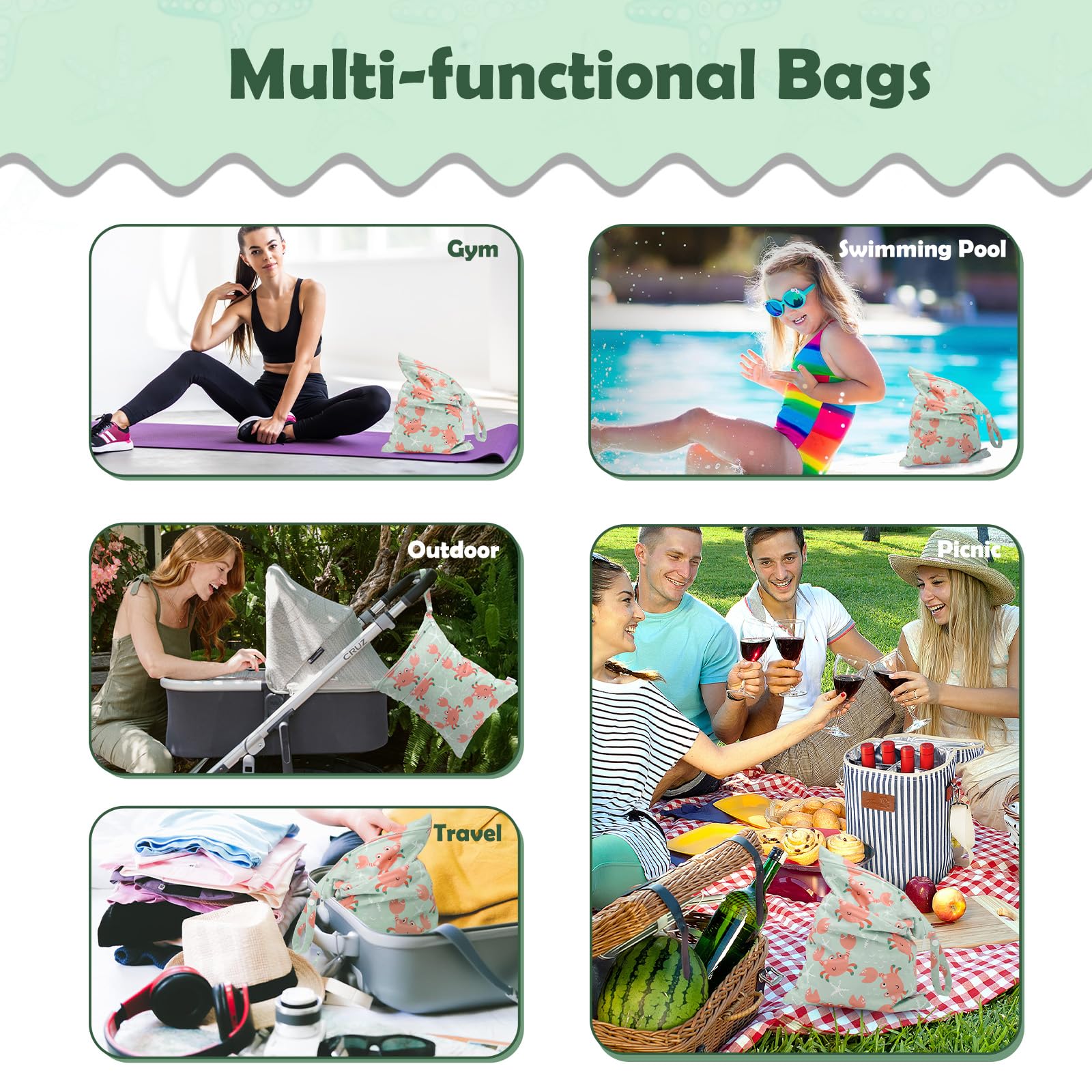 ALVA ALVABABY 3pcs Cloth Diaper Wet Dry Bags Waterproof Reusable with Two Zippered Pockets Travel Beach Pool Daycare Soiled Baby Items Yoga Gym Bag for Swimsuits or Wet Clothes 3L-ZM15A