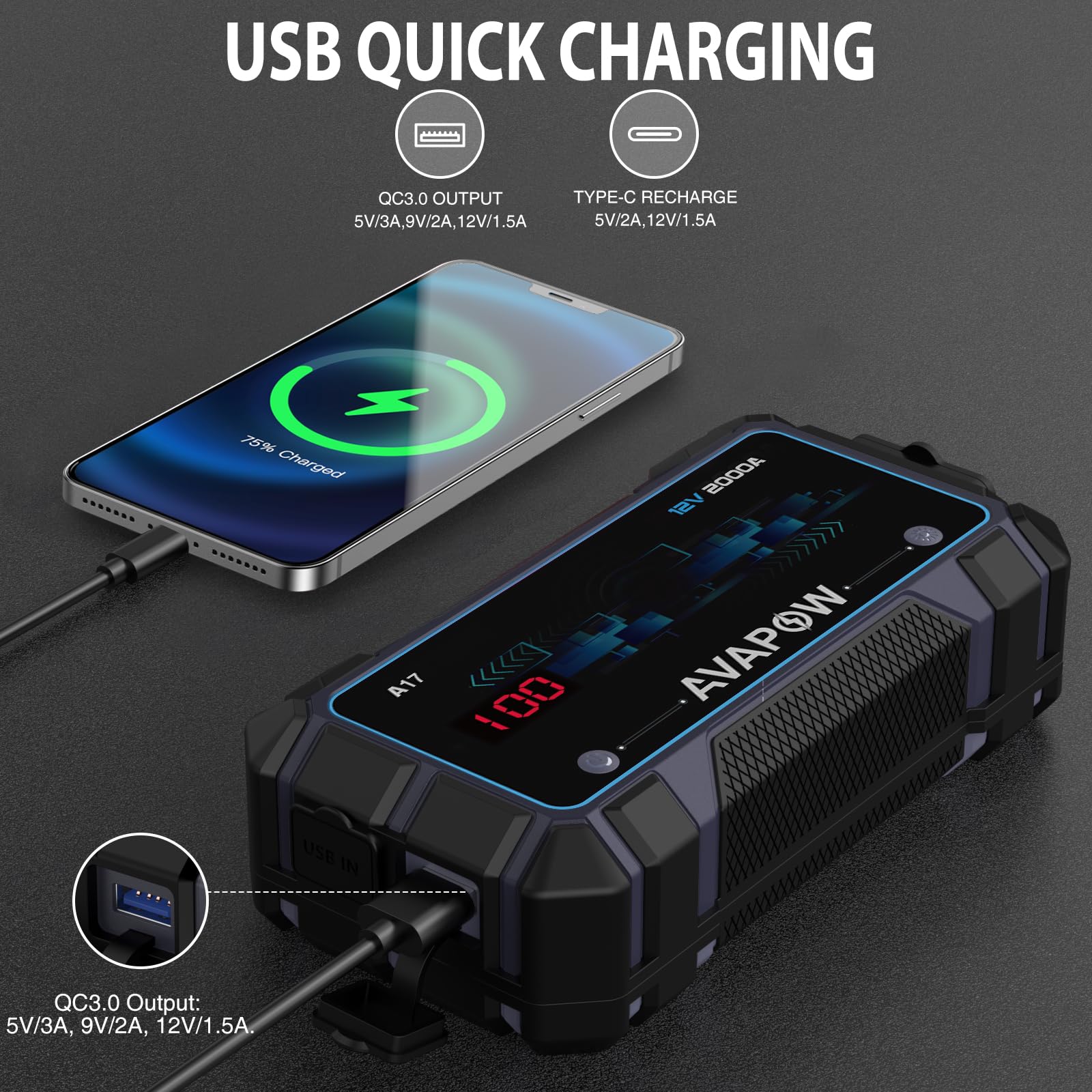 AVAPOW Car Jump Starter 2000A Peak Battery Jumper Starter Portable Jump Boxes for Vehicles(12V 8L Gas/6.5L Diesel Engine) Car Battery Jump Starter Battery Pack with Jumper Cable, LED Light/USB QC3.0