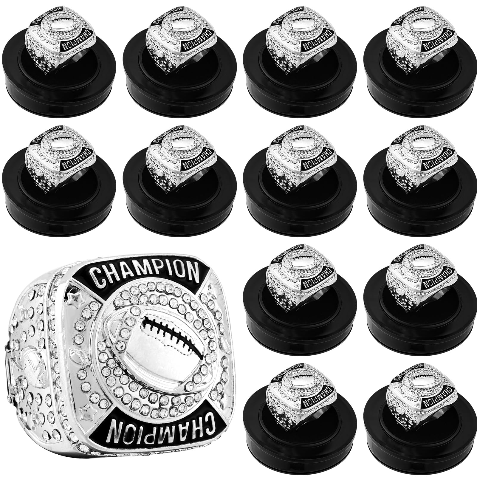 Landical 12 Pcs Silver Football Championship Rings Ball Games Championship Trophy Rings Sport Ball Award Gift with Display Neck Chain and Stand for Tournament or League Champion Winner