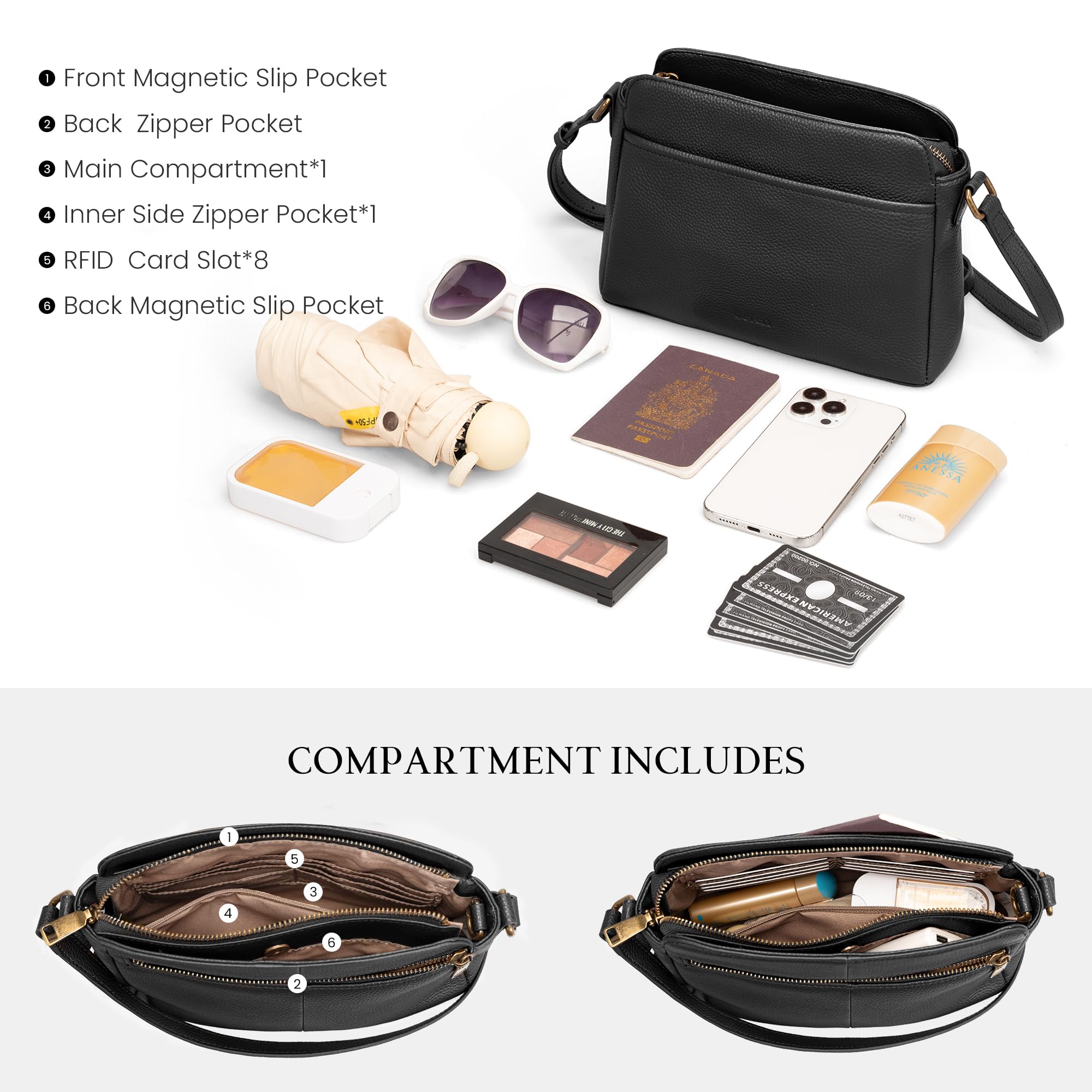 befen Black Crossbody Purse for Women Small, Ladies Genuine Leather Shoulder Bags with Rfid Blocking Designer Anti-theft Handbags for Travel
