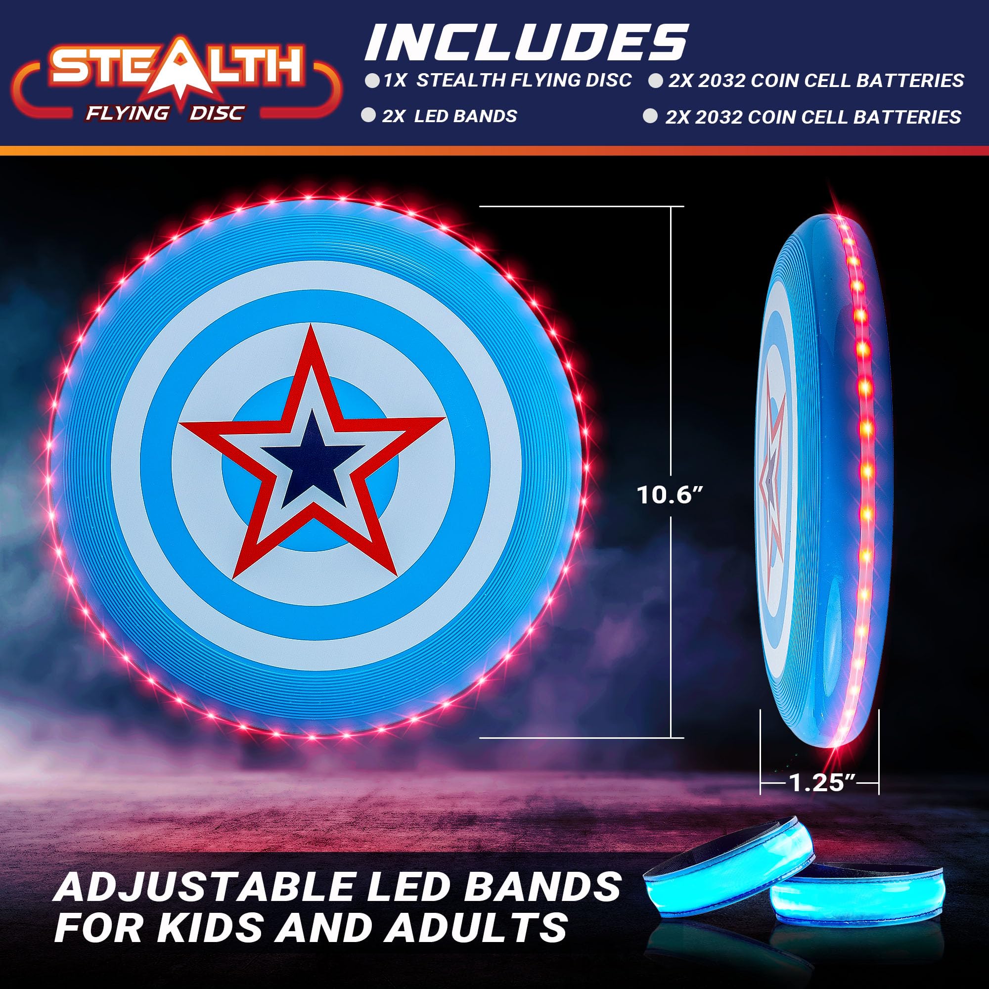 USA Toyz Stealth LED Flying Disc- Light Up Disc for Adults and Kids, 49 LEDs Glow in The Dark Disk, 2 LED Arm Bands, Sport Golf Ultimate Disc Outdoor Game Set, Waterproof Glow Hover Discs (Red/Blue)