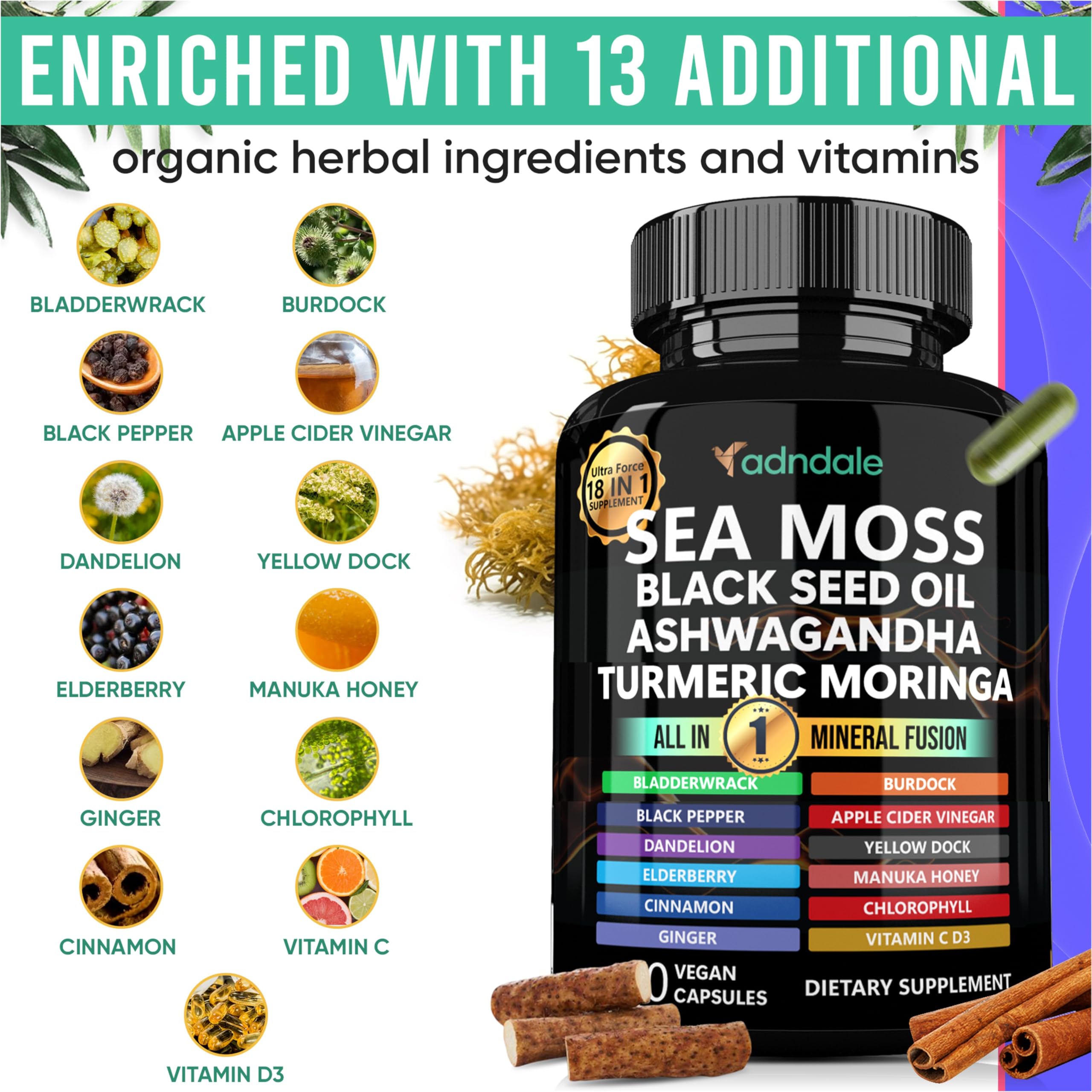 Adndale Sea Moss Black Seed Oil Ashwagandha Ginger Capsules. SeaMoss Capsules with Black Seed Oil, Ashwagandha, Turmeric, Moringa, Bladderwrack, Burdock Root, Manuka Honey, Cinnamon