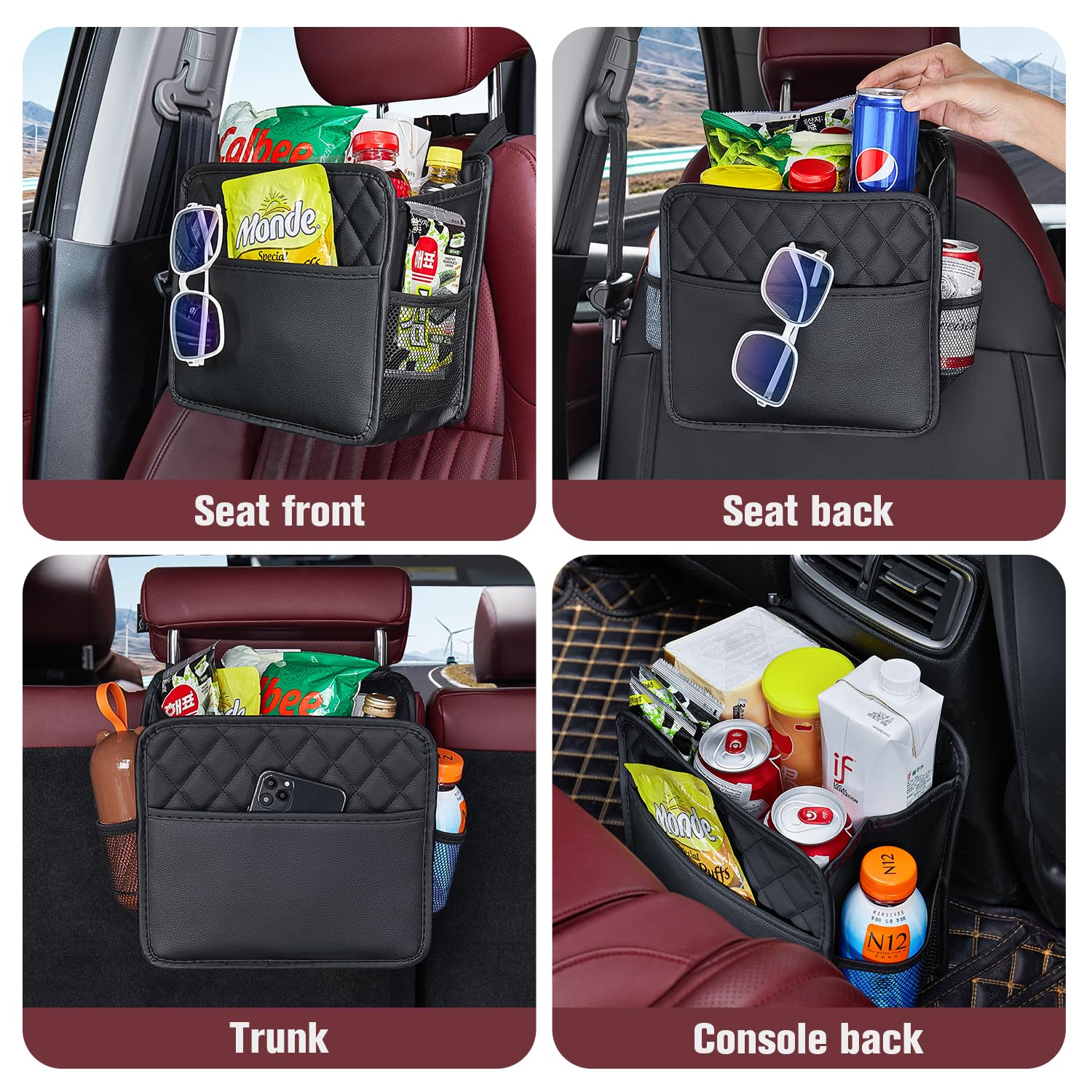 LXUNYI Car Organizer Back Seat, 2 Pack Waterproof Pu Leather Car Seat Storage Bag Large Foldable Universal Hanging Car Seat Back Organizer for Kids & Adults with Cup Holders Car Travel Accessories