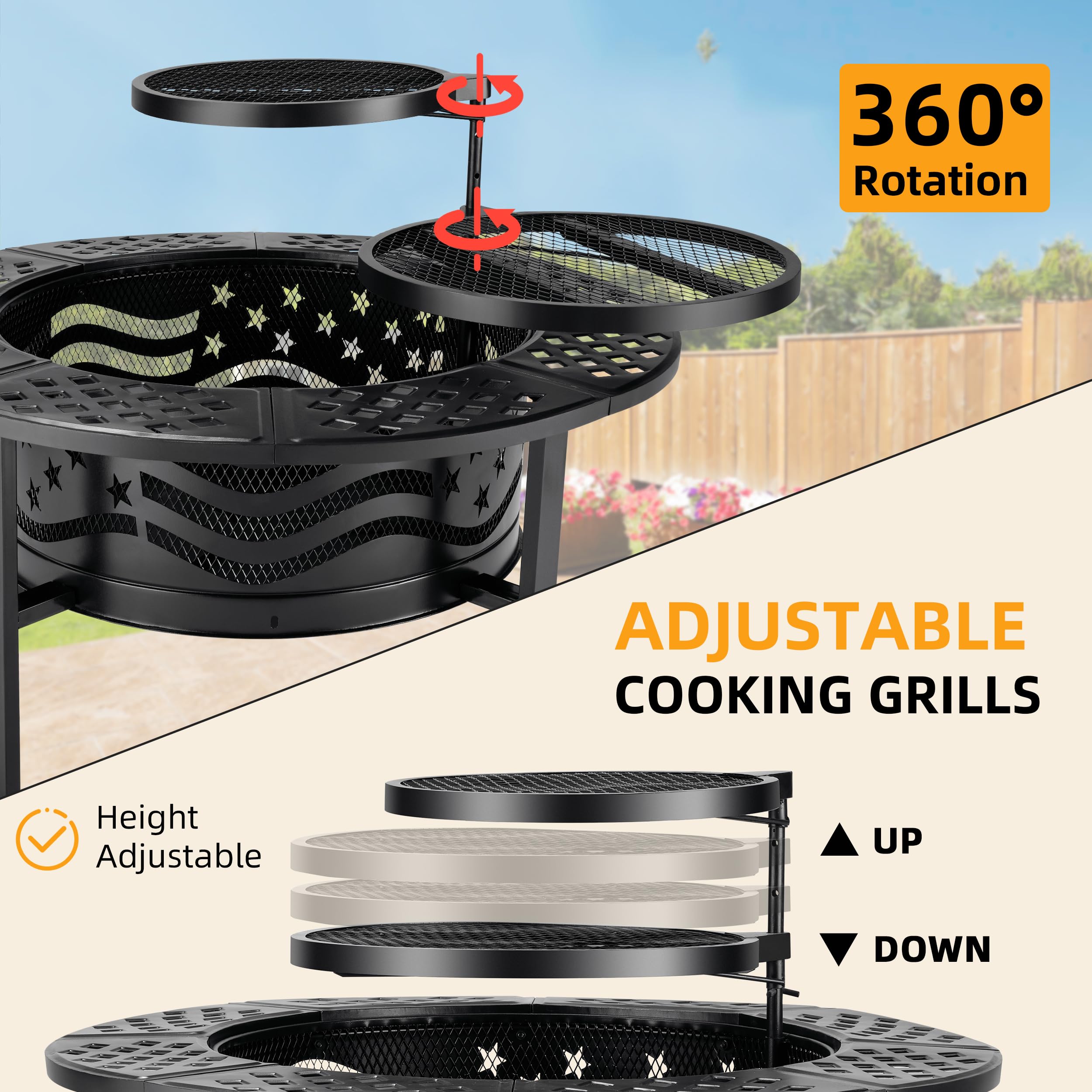 PrimeZone 42" Outdoor Fire Pit with 2 Grills - Wood Burning Firepit for Outside with Cover & Poker, Heavy Duty Metal Fire Pit Large Round Fireplace for Patio, Backyard, Picnic, Camping, Bonfire