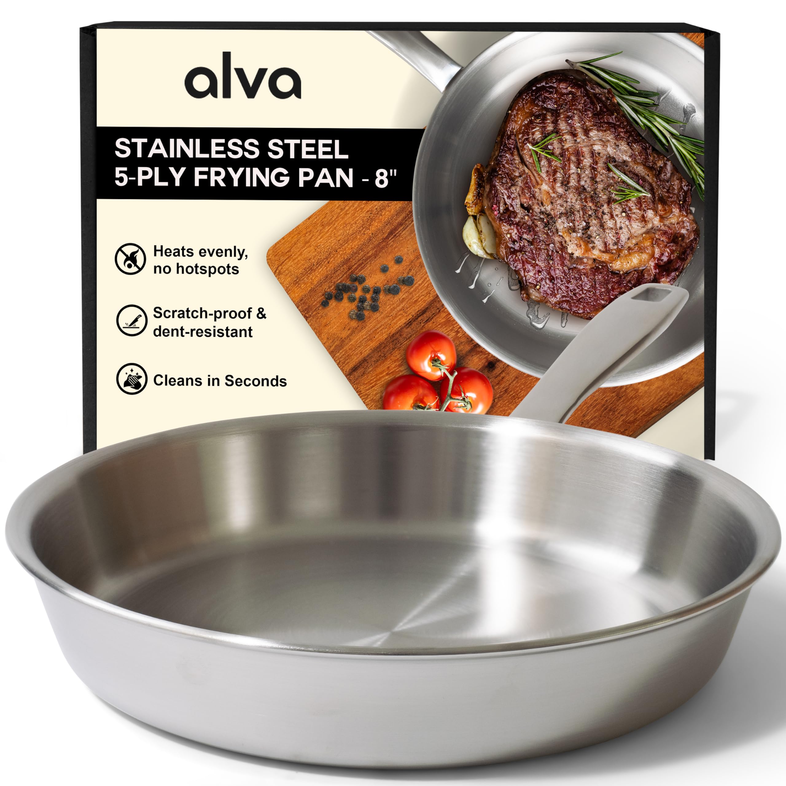 Alva Maestro 5-Ply Stainless Steel Frying Pan 8″ – Non-Toxic, Made without PFAS/PFOA/PTFE – Pro-Level Heat Control for No Hotspots, Induction & Oven Safe, Works on All Stovetops, Perfect Searing