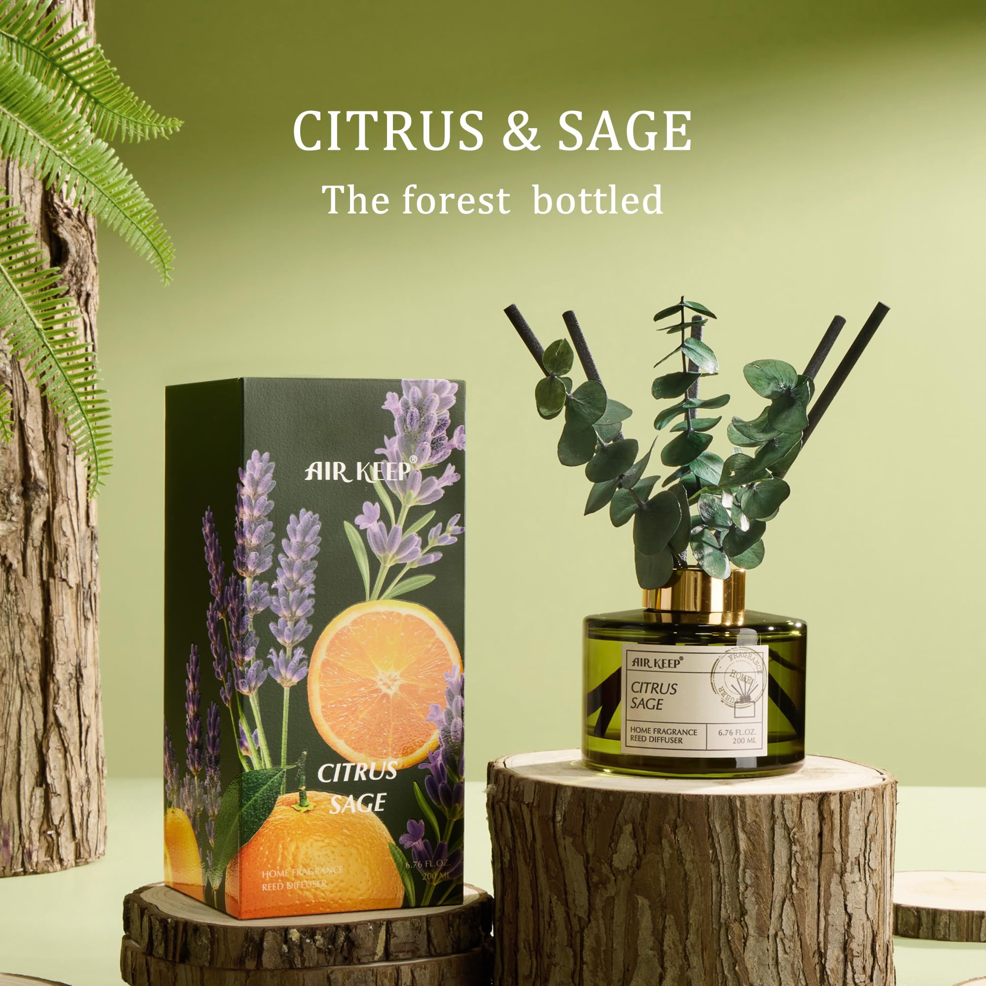 Airkeep Reed Diffuser Set with 6.76 fl oz Citrus&Sage Scent Essential Oils and 3 Leaves & 8 Diffuser Sticks,Bathroom Shelf Decor & Air Freshener, House Bedroom Office Decor & Gifts