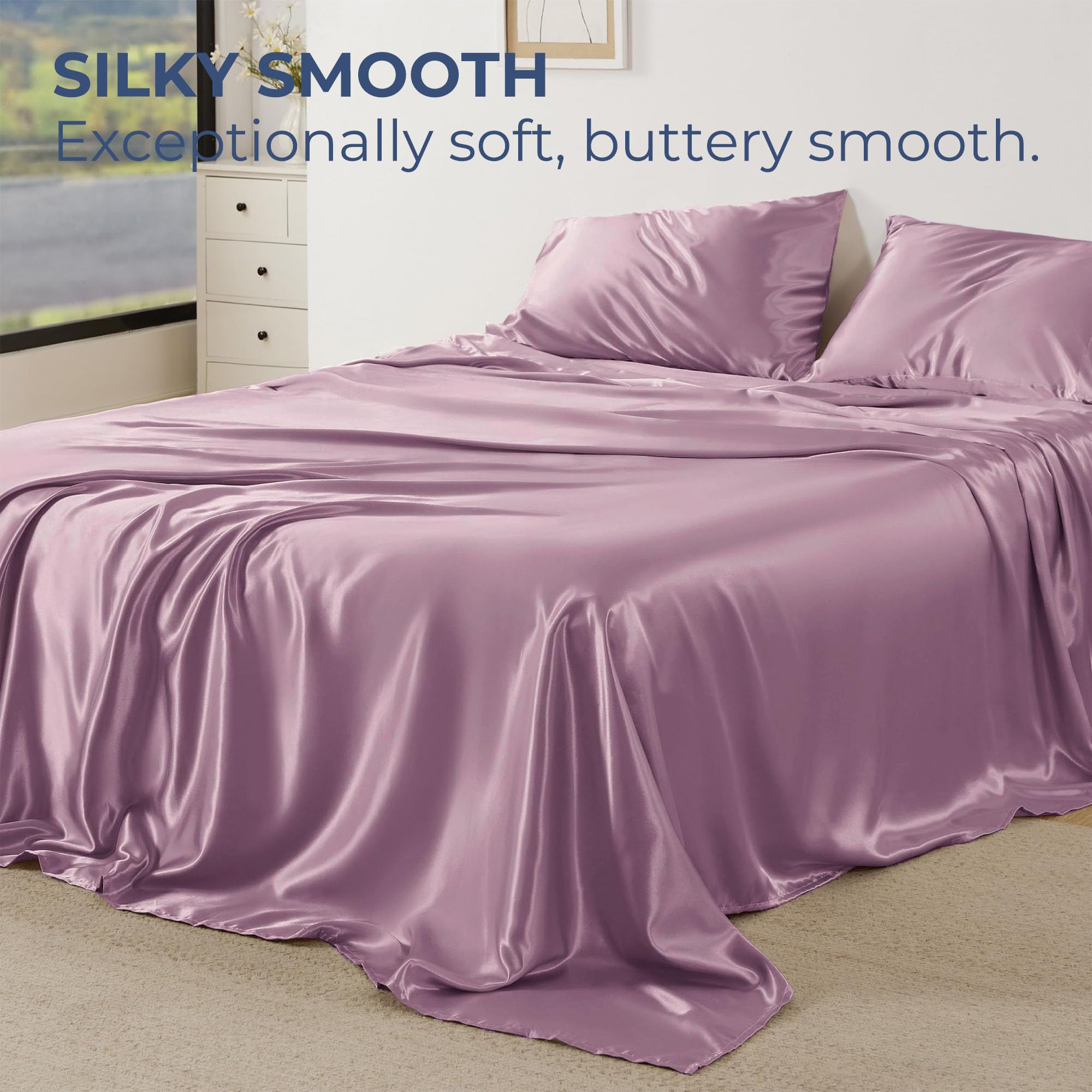 Seasonwood Satin Sheets Set Queen Size 4 Pieces 1800 Microfiber 2 Pillowcase 20''x30'' Red Bean Sand Satin Sheets
