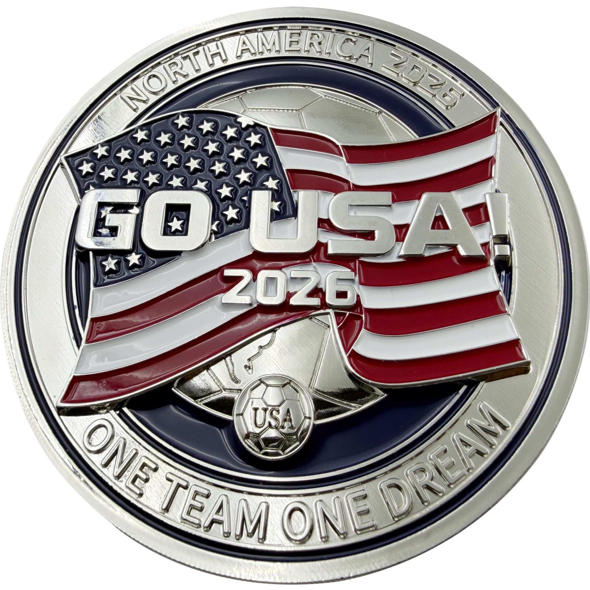 USA Soccer Fridge Magnet, Go USA 2026 Fan Gift, 3D Metal Coin-Style Magnet with Ridged Edge, Solid Zinc Alloy Collectible, Premium Gift Box Included