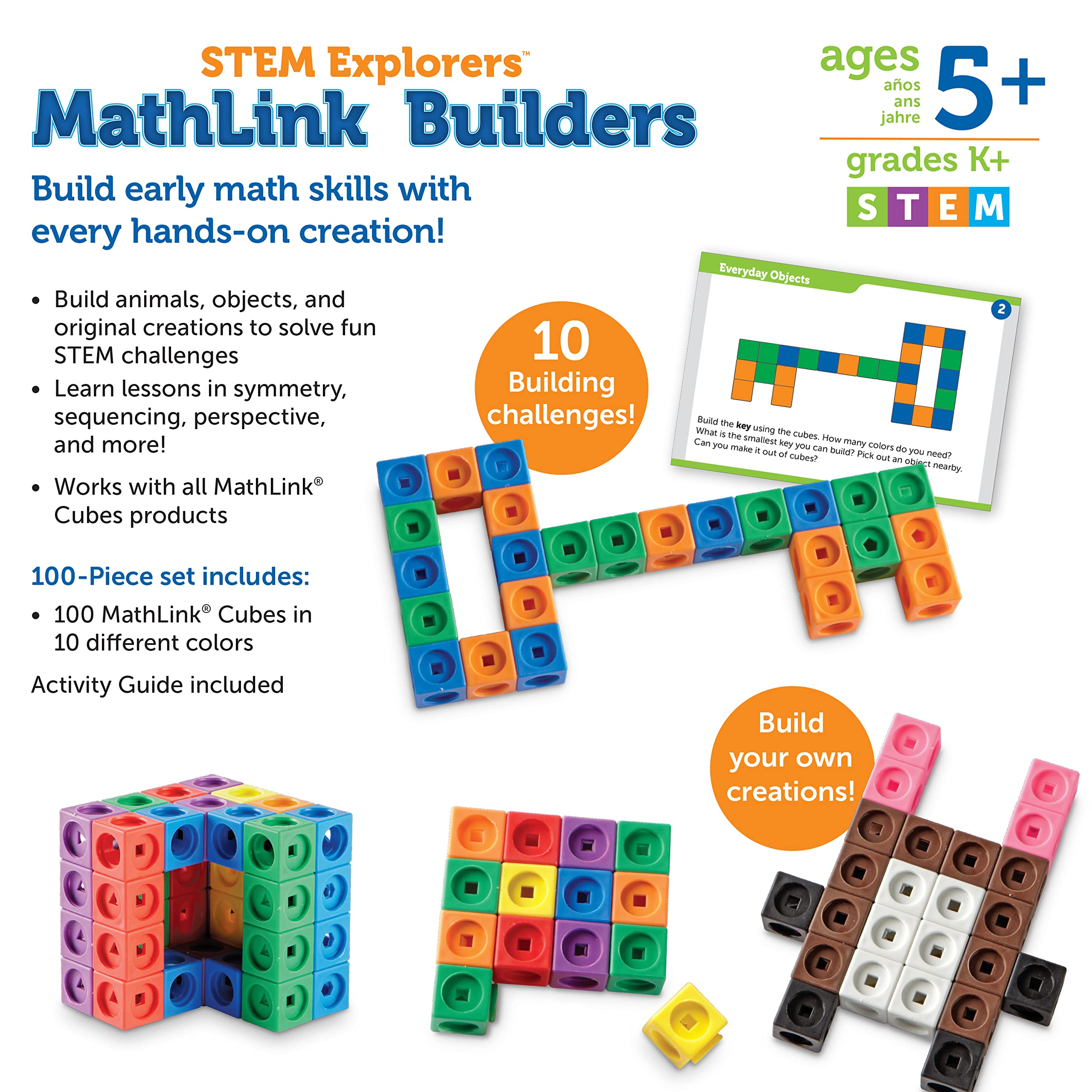 Learning Resources STEM Explorers MathLink Builders - 100 Pieces, Ages 5+, Kindergarten STEM Activities, Math Activity Set and Games for Kids, Linking Cubes, Connecting Cubes