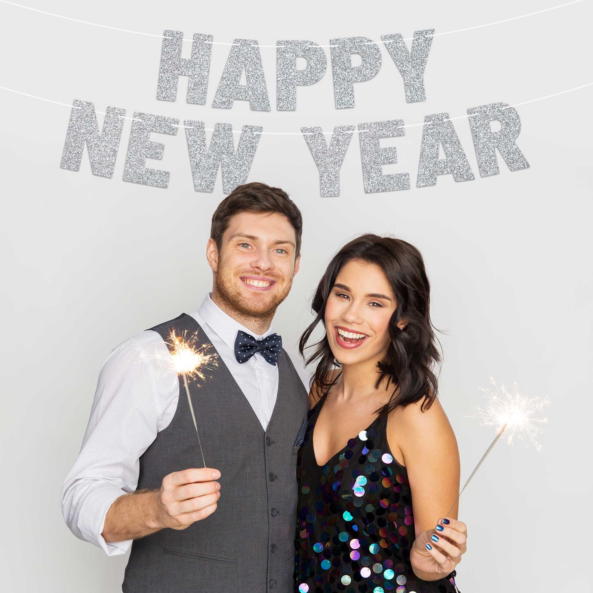 Pre-Strung Happy New Year Banner - NO DIY - Silver Glitter New Years Eve Party Banner - Pre-Strung Garland on 8 ft Strands - Silver 2025 New Years Eve Party Supplies, Decorations & Decor. Did we mention no DIY?