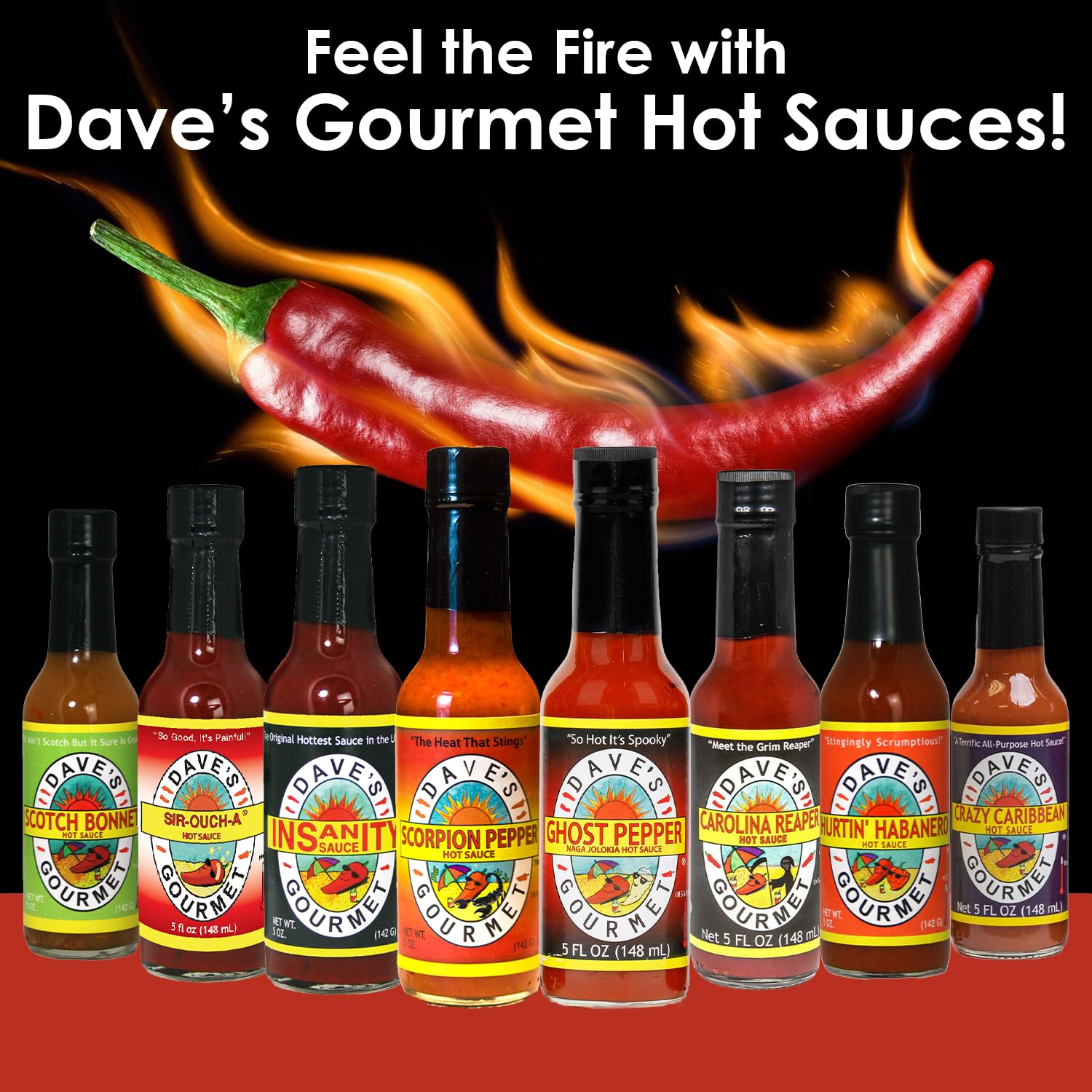 Dave's Gourmet Super Spicy Hot Sauce Variety 3 Pack - Includes Original Insanity, Ghost Pepper Naga Jolokia, and Carolina Reaper - Hot Sauce Set - Spicy Sauce for Burgers, Wings, Tacos - 5oz Bottles