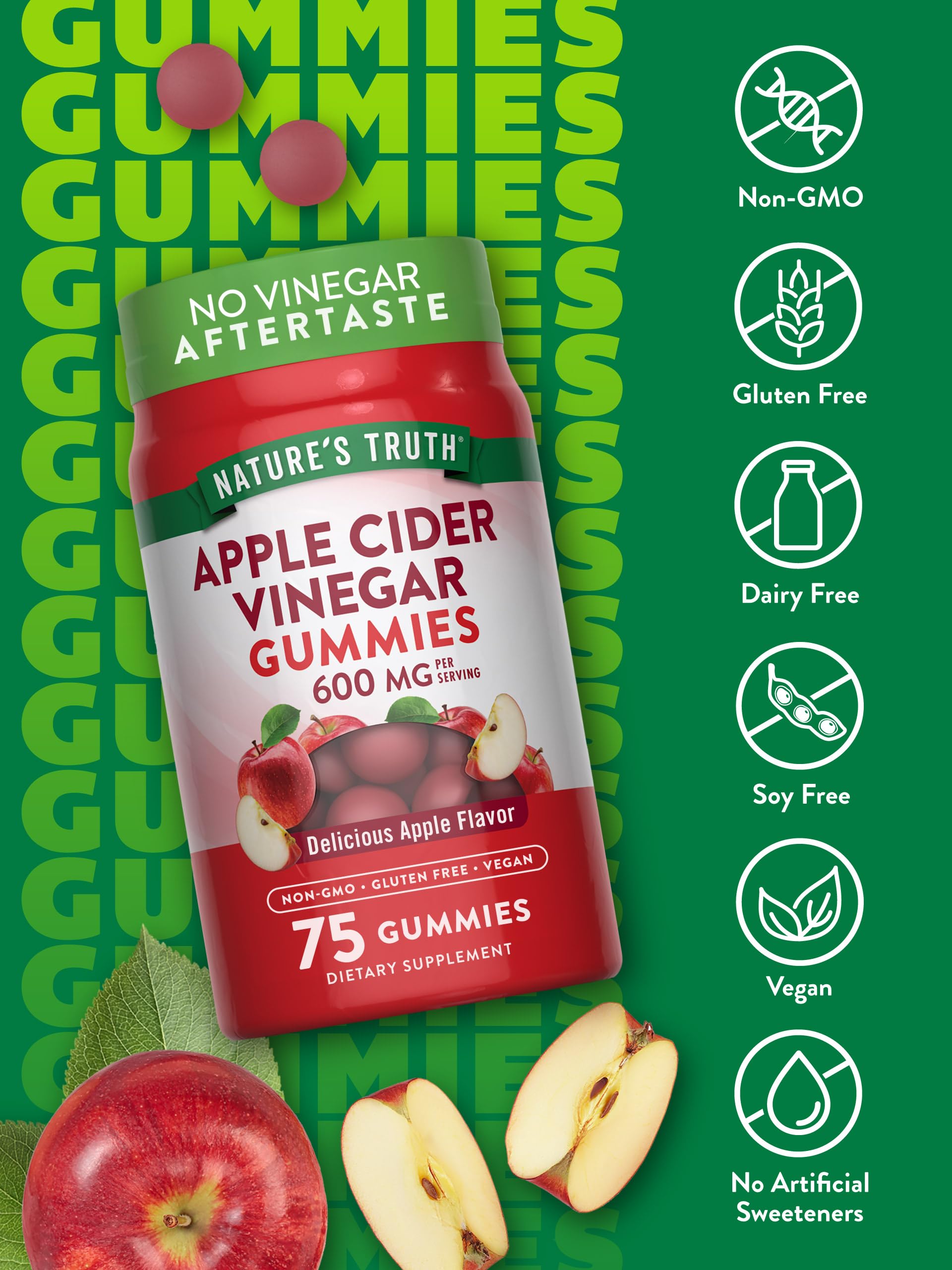 Nature's Truth Apple Cider Vinegar Gummies | 600 mg | 75 Gummies | Apple Flavor | Vegan, Non-GMO, Gluten Free Supplement
